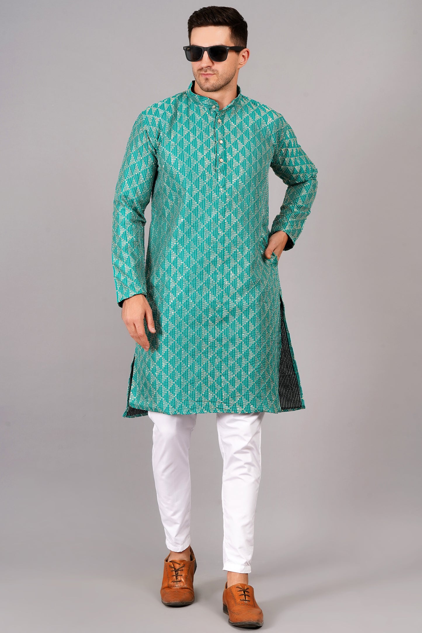 Men light blue or turquoise blue color Kurta with sequin, full length, button closure, one fourth placket, full sleeves, mandarin collar, side pockets, traditional ethnic wear for festivals, family occasions, wedding, house warming, casual wear