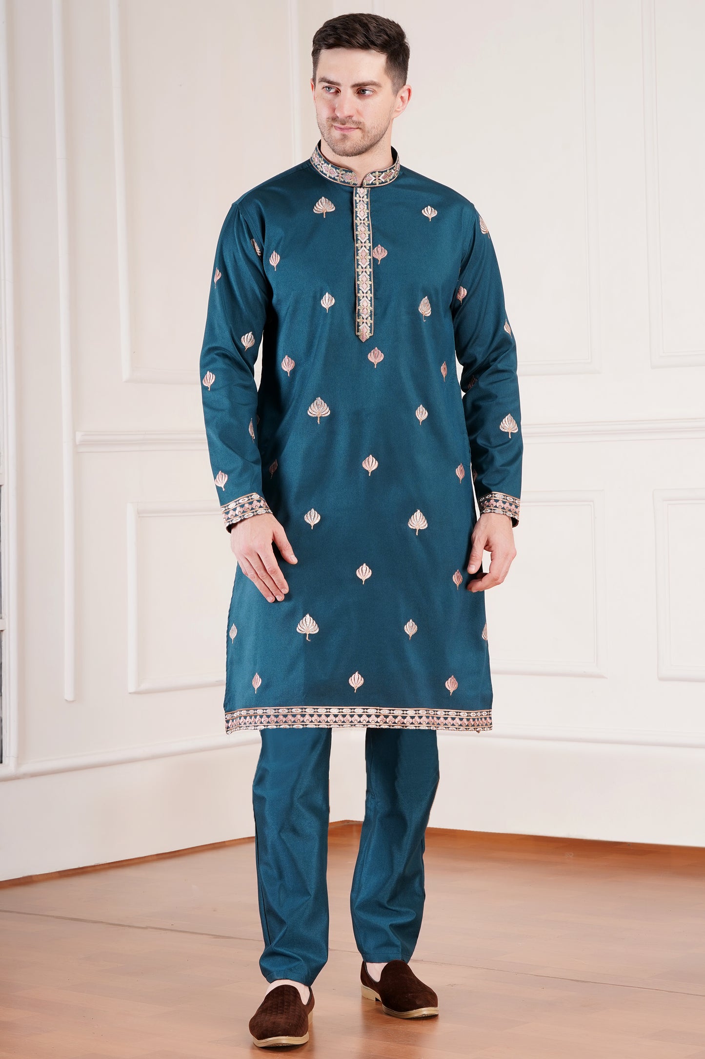 Premium Men Kurta with embroidered floral motifs and stole | Wedding wear