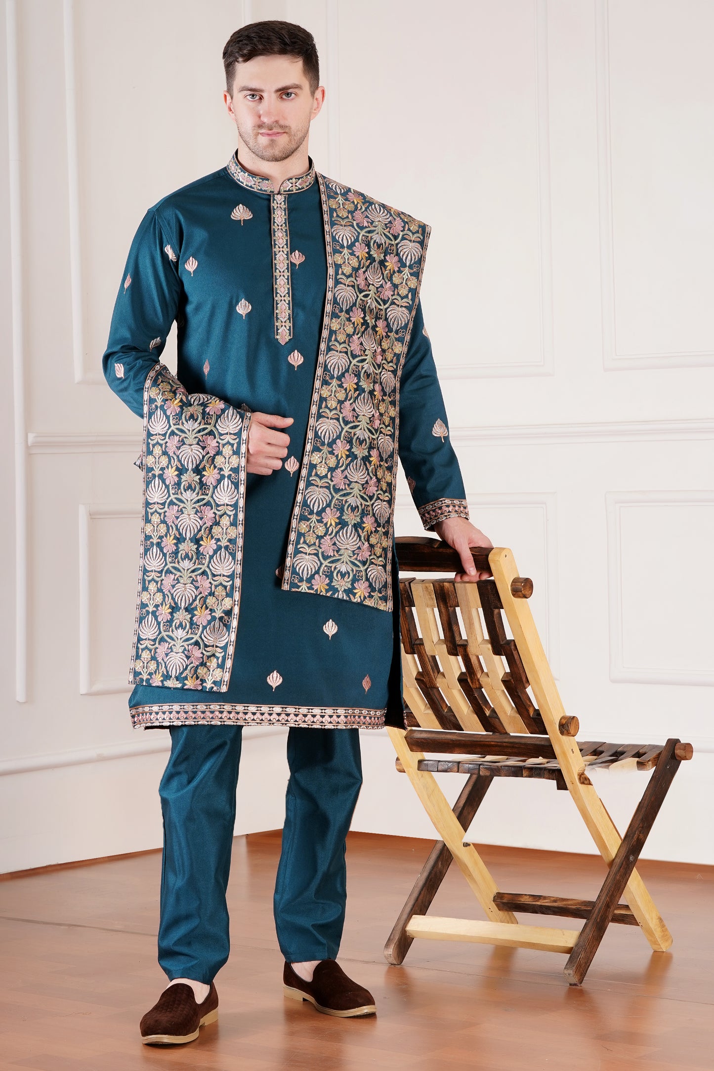 Premium Men Kurta with embroidered floral motifs and stole | Wedding wear