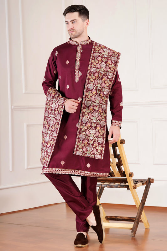 Premium Men Kurta with embroidered floral motifs and stole | Wedding wear
