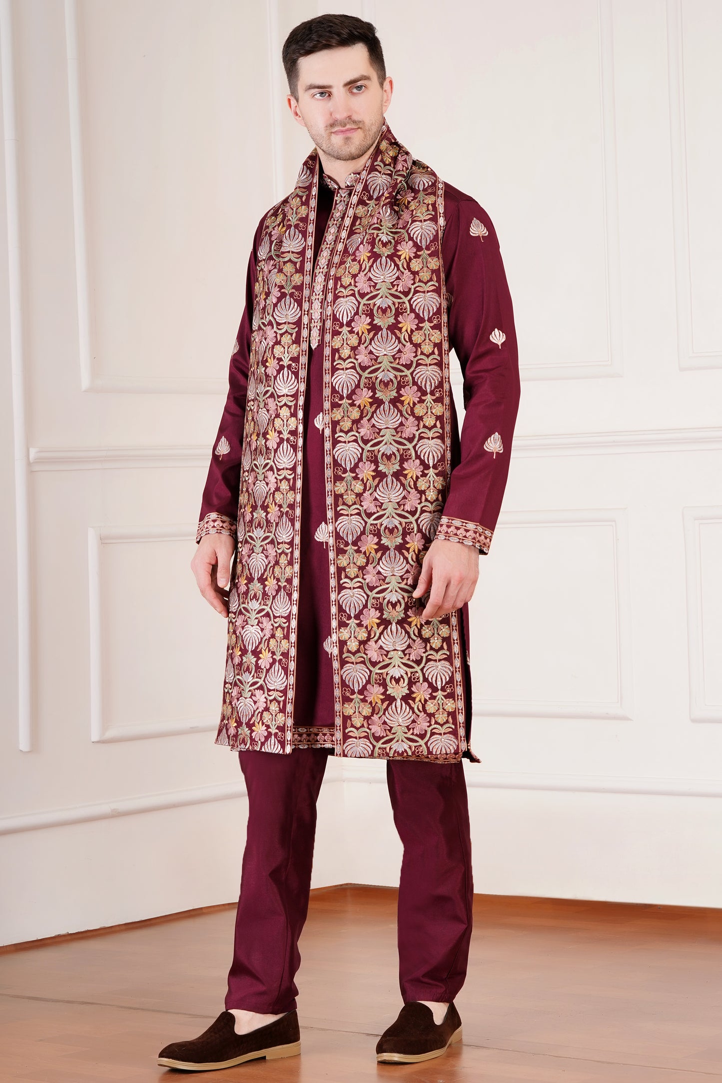 Premium Men Kurta with embroidered floral motifs and stole | Wedding wear