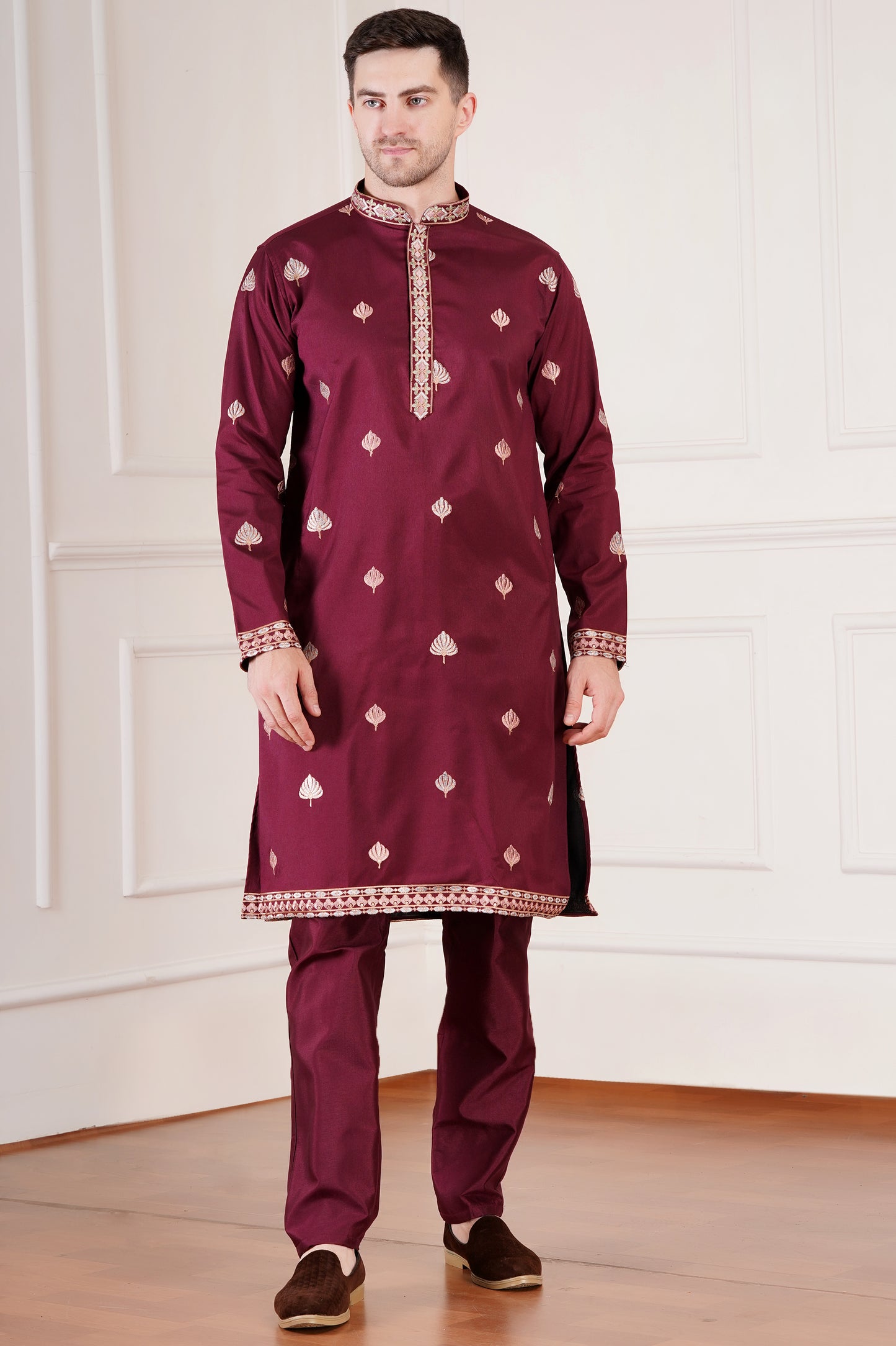 Premium Men Kurta with embroidered floral motifs and stole | Wedding wear
