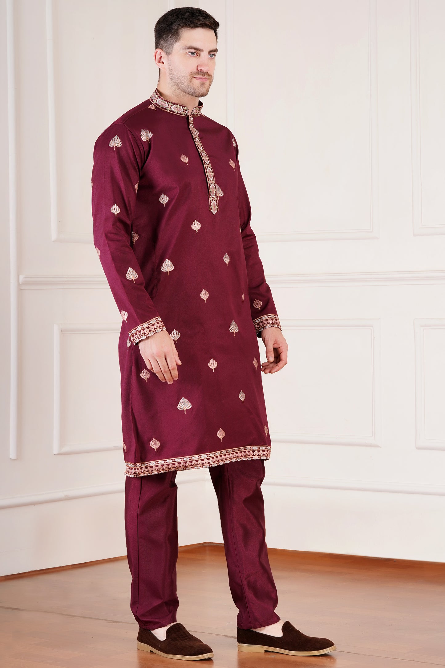 Premium Men Kurta with embroidered floral motifs and stole | Wedding wear