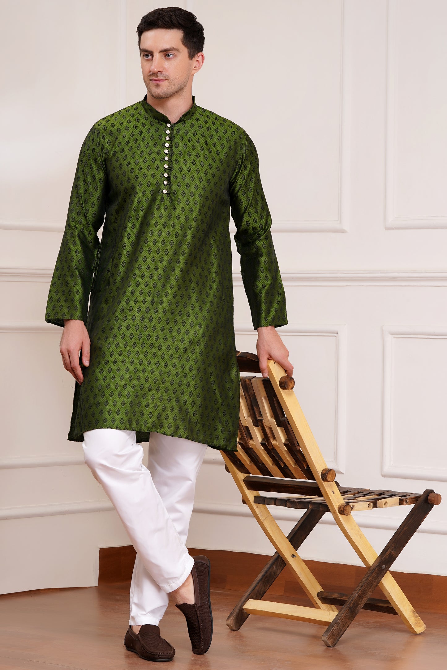 Men's bright green / henna silk kurta with gold brocade diamond pattern and white churidar pants, decorative buttons with loop closure, mandarin collar, full sleeves, side pockets - traditional Indian festive wear