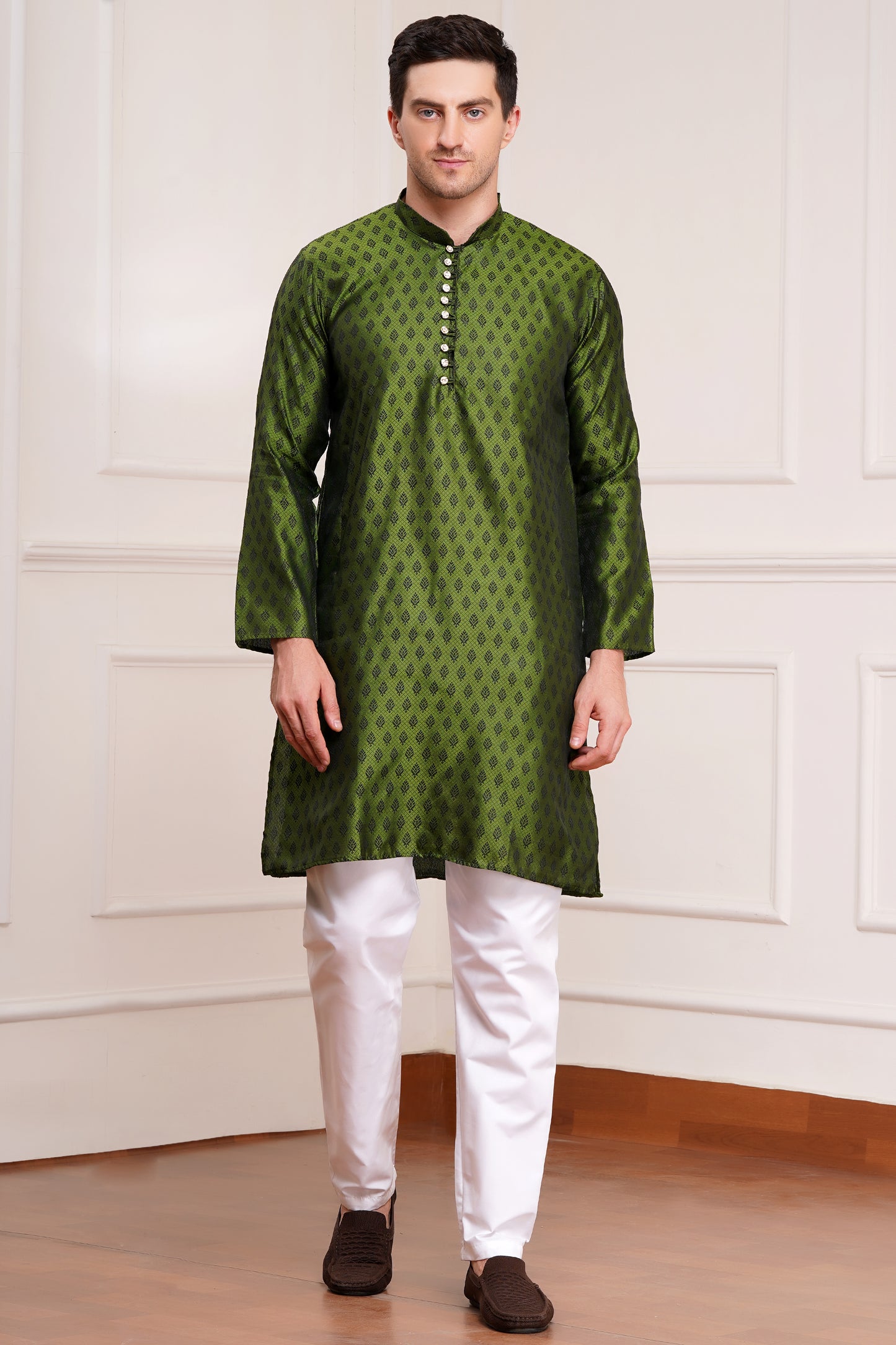 Men's bright green / henna silk kurta with gold brocade diamond pattern and white churidar pants, decorative buttons with loop closure, mandarin collar, full sleeves, side pockets - traditional Indian festive wear