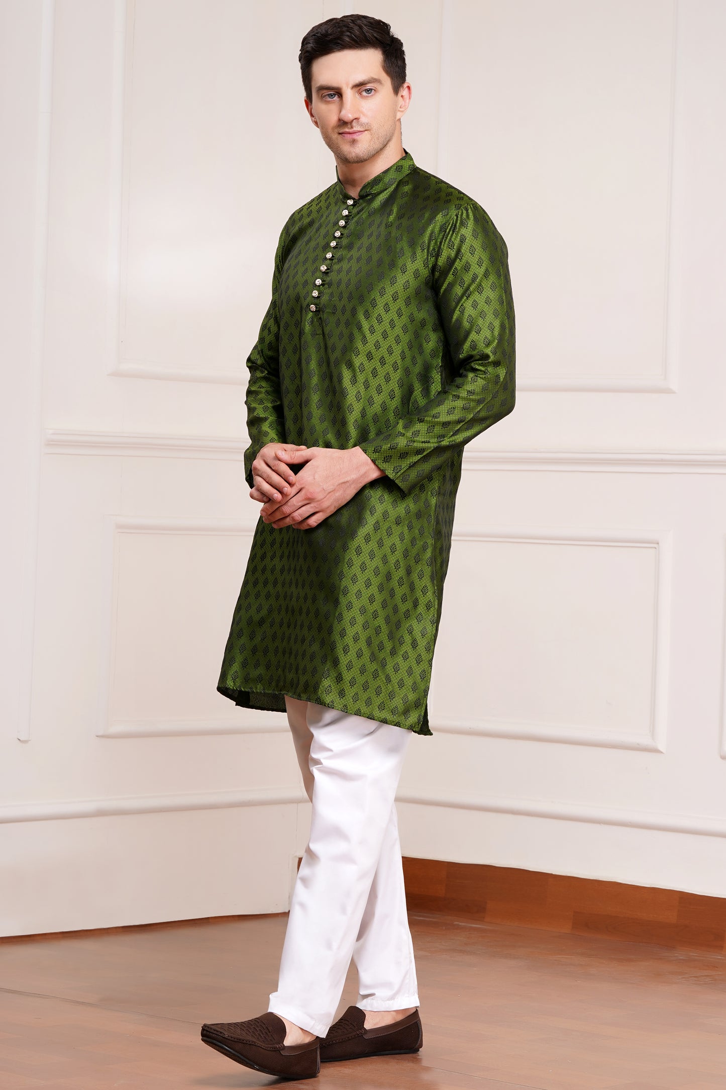Men's bright green / henna silk kurta with gold brocade diamond pattern and white churidar pants, decorative buttons with loop closure, mandarin collar, full sleeves, side pockets - traditional Indian festive wear