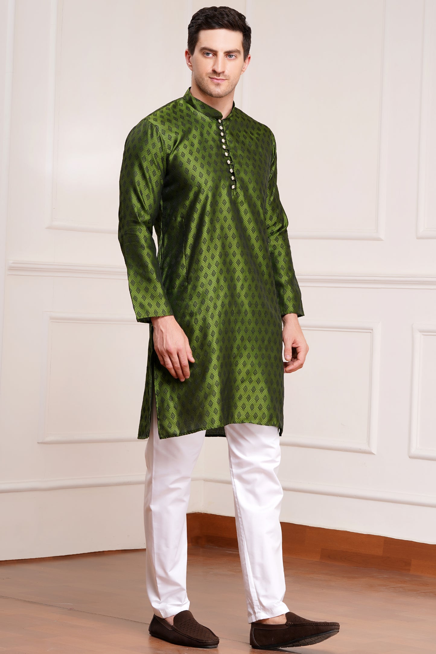 Men's bright green / henna silk kurta with gold brocade diamond pattern and white churidar pants, decorative buttons with loop closure, mandarin collar, full sleeves, side pockets - traditional Indian festive wear