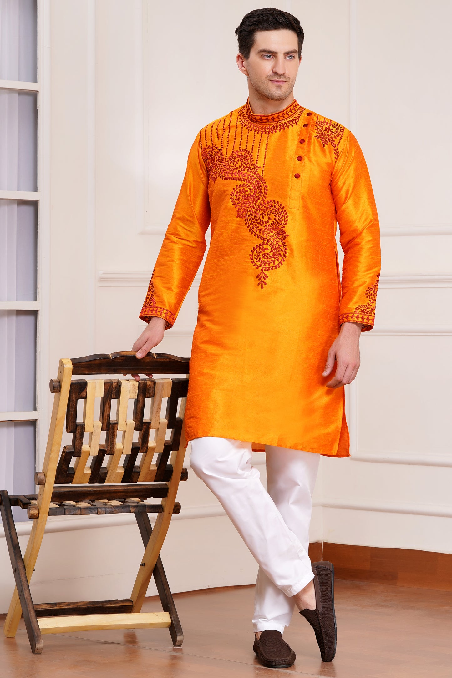 Men's bright orange silk kurta with red paisley embroidery on collar and cuffs and white pajama pants, side pockets, side button closure, Bengal Kurta design - traditional Indian ethnic wear for Diwali and festive occasions