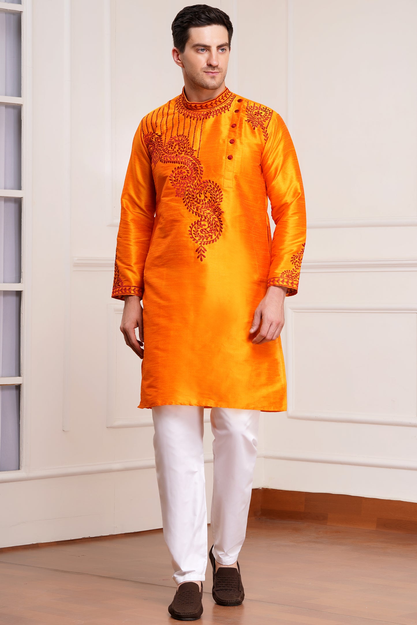 Men's bright orange silk kurta with red paisley embroidery on collar and cuffs and white pajama pants, side pockets, side button closure, Bengal Kurta design - traditional Indian ethnic wear for Diwali and festive occasions