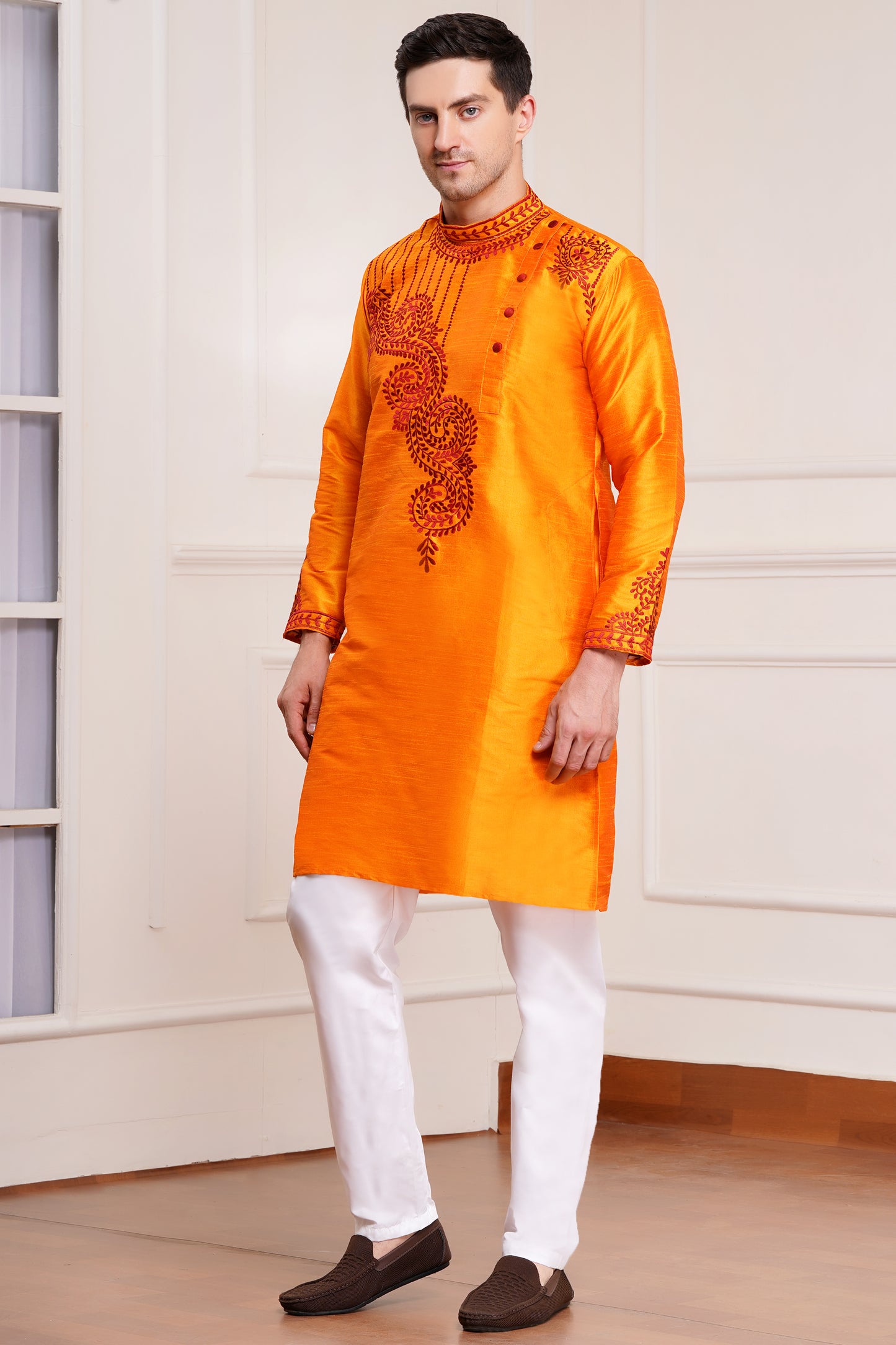 Men's bright orange silk kurta with red paisley embroidery on collar and cuffs and white pajama pants, side pockets, side button closure, Bengal Kurta design - traditional Indian ethnic wear for Diwali and festive occasions