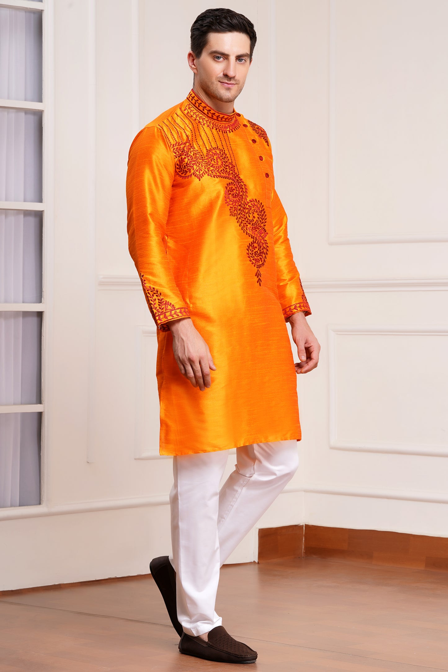 Men's bright orange silk kurta with red paisley embroidery on collar and cuffs and white pajama pants, side pockets, side button closure, Bengal Kurta design - traditional Indian ethnic wear for Diwali and festive occasions