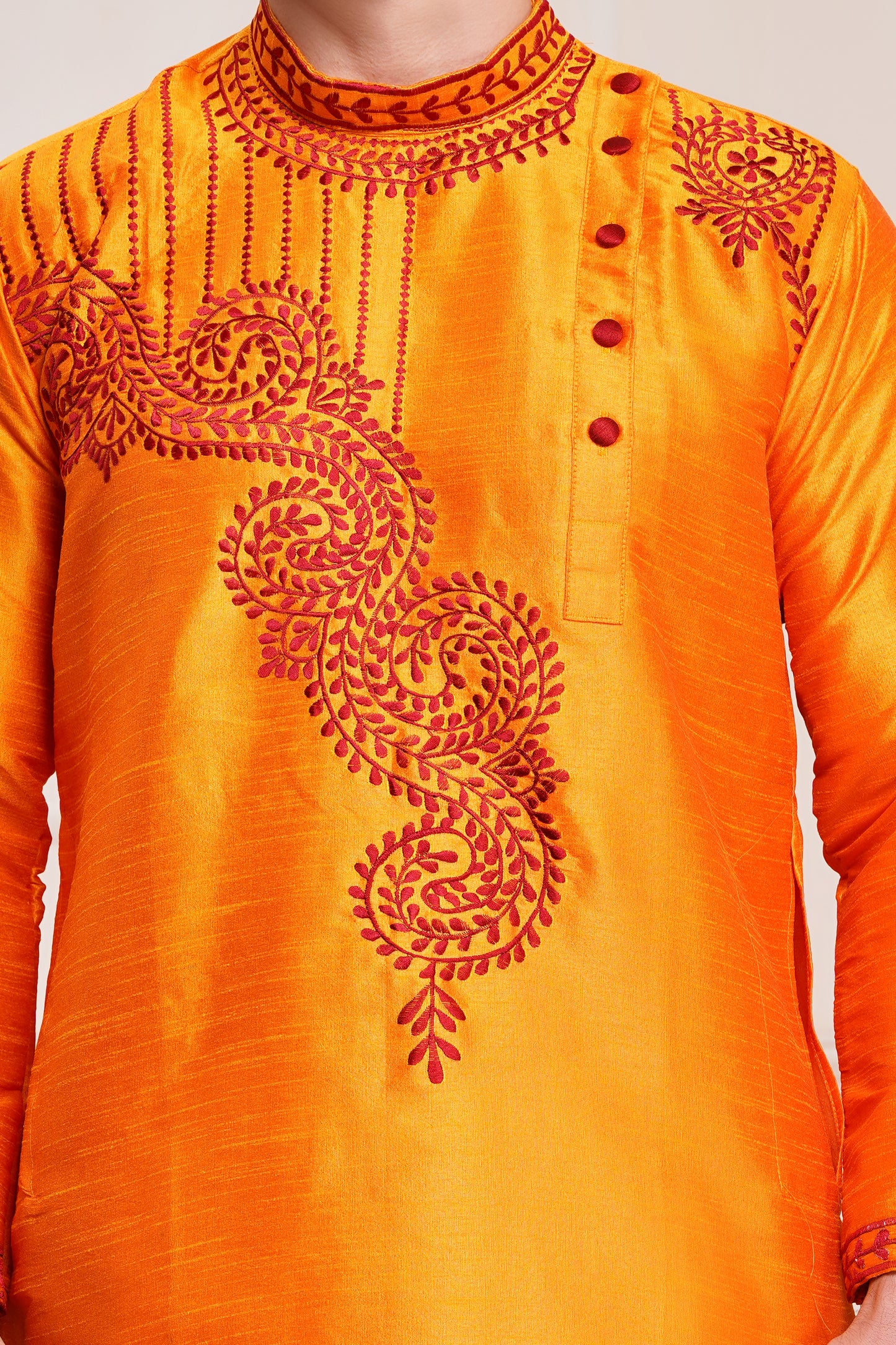 Men's bright orange silk kurta with red paisley embroidery on collar and cuffs and white pajama pants, side pockets, side button closure, Bengal Kurta design - traditional Indian ethnic wear for Diwali and festive occasions