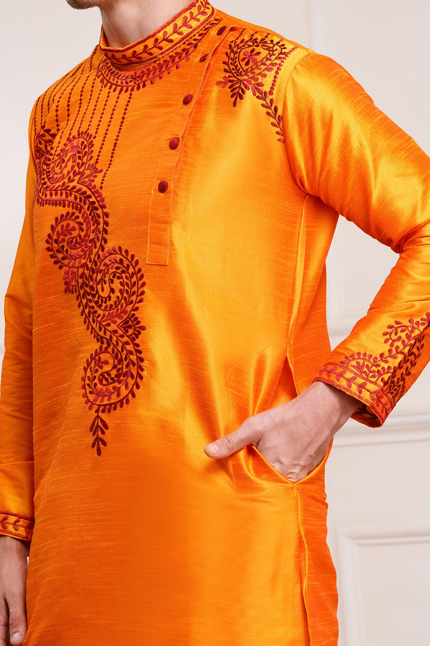 Men's bright orange silk kurta with red paisley embroidery on collar and cuffs and white pajama pants, side pockets, side button closure, Bengal Kurta design - traditional Indian ethnic wear for Diwali and festive occasions
