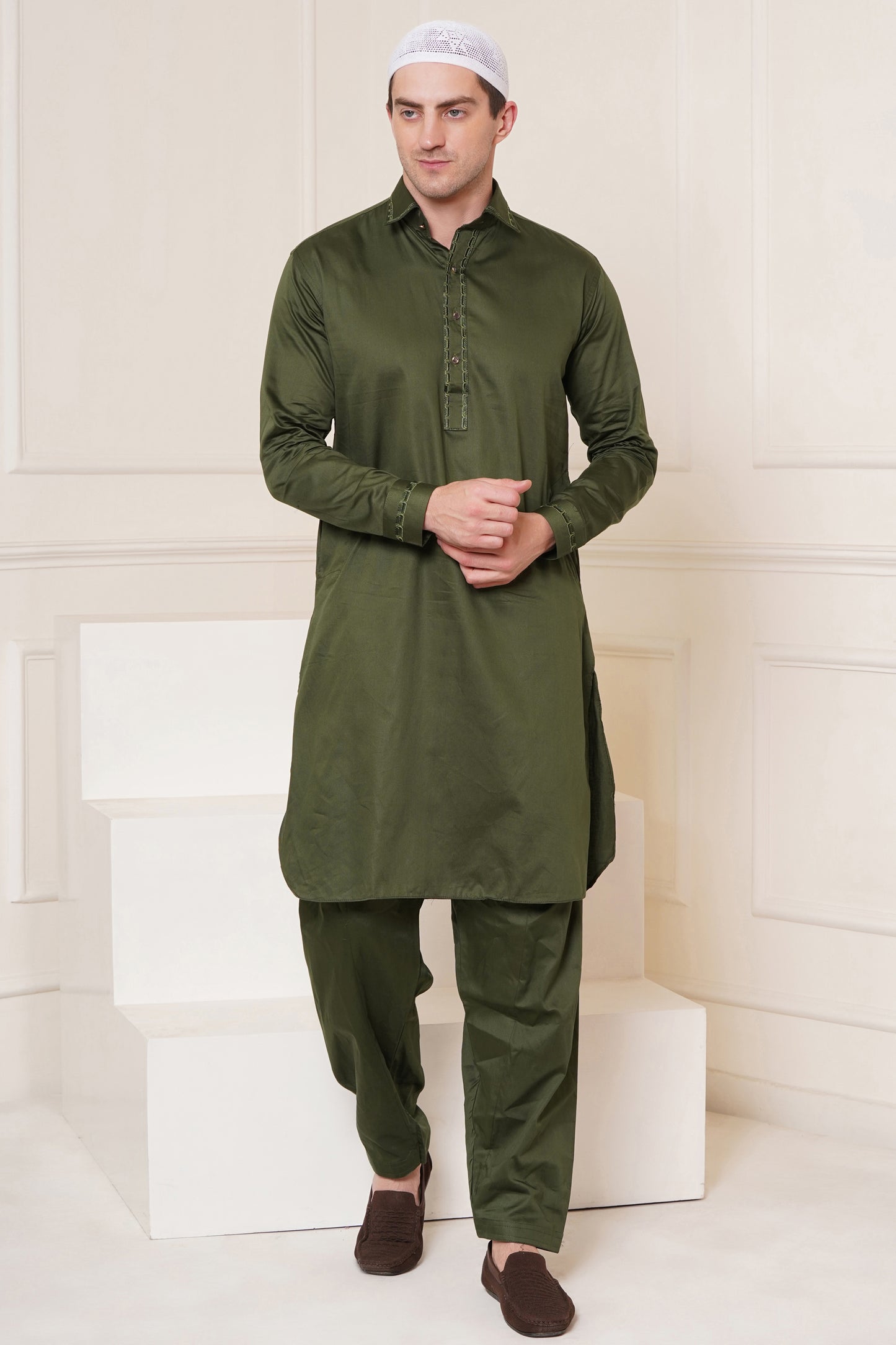 Men's soft cotton blend henna green pathani suit - ideal for festive occasions and social gatherings
