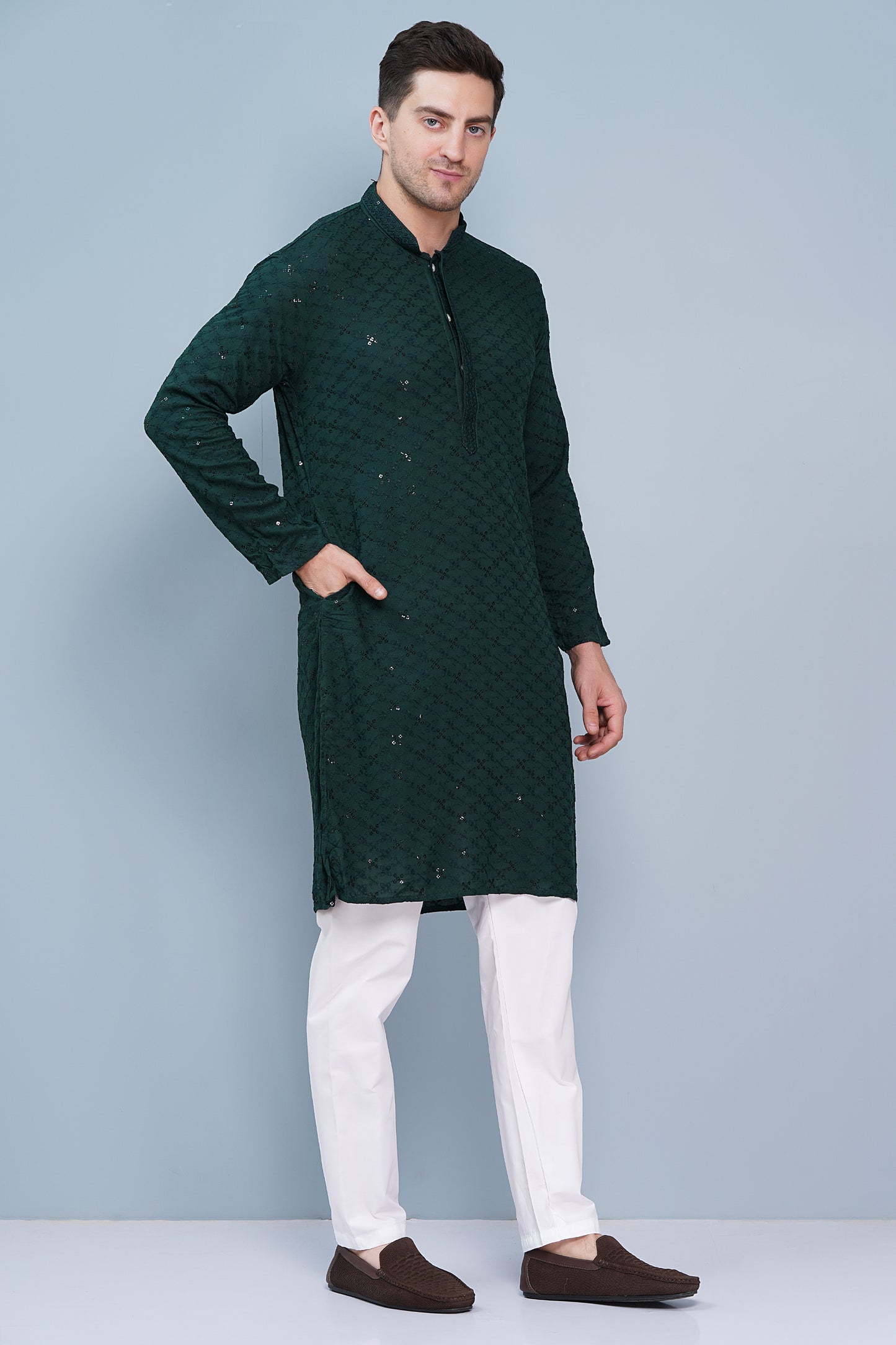 Men dark green or bottle green color Kurta with sequin, full length, button closure, one fourth placket, full sleeves, mandarin collar, side pockets, traditional ethnic wear for festivals, family occasions, wedding, house warming, casual wear