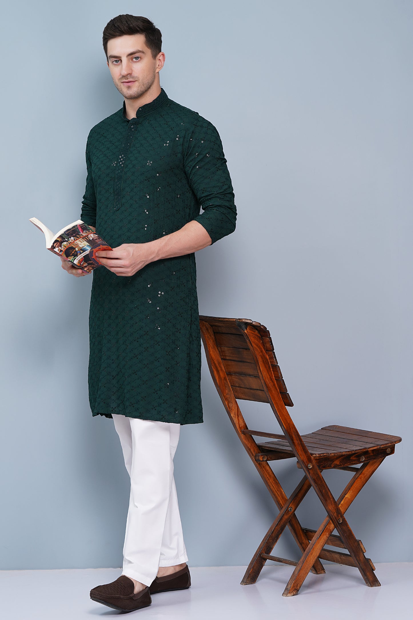Men dark green or bottle green color Kurta with sequin, full length, button closure, one fourth placket, full sleeves, mandarin collar, side pockets, traditional ethnic wear for festivals, family occasions, wedding, house warming, casual wear