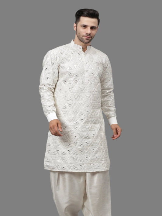 Men's off-white cotton blend geometric sequence design kurta with matching salwar, traditional Indian ethnic wear with intricate threadwork for festivals and weddings
