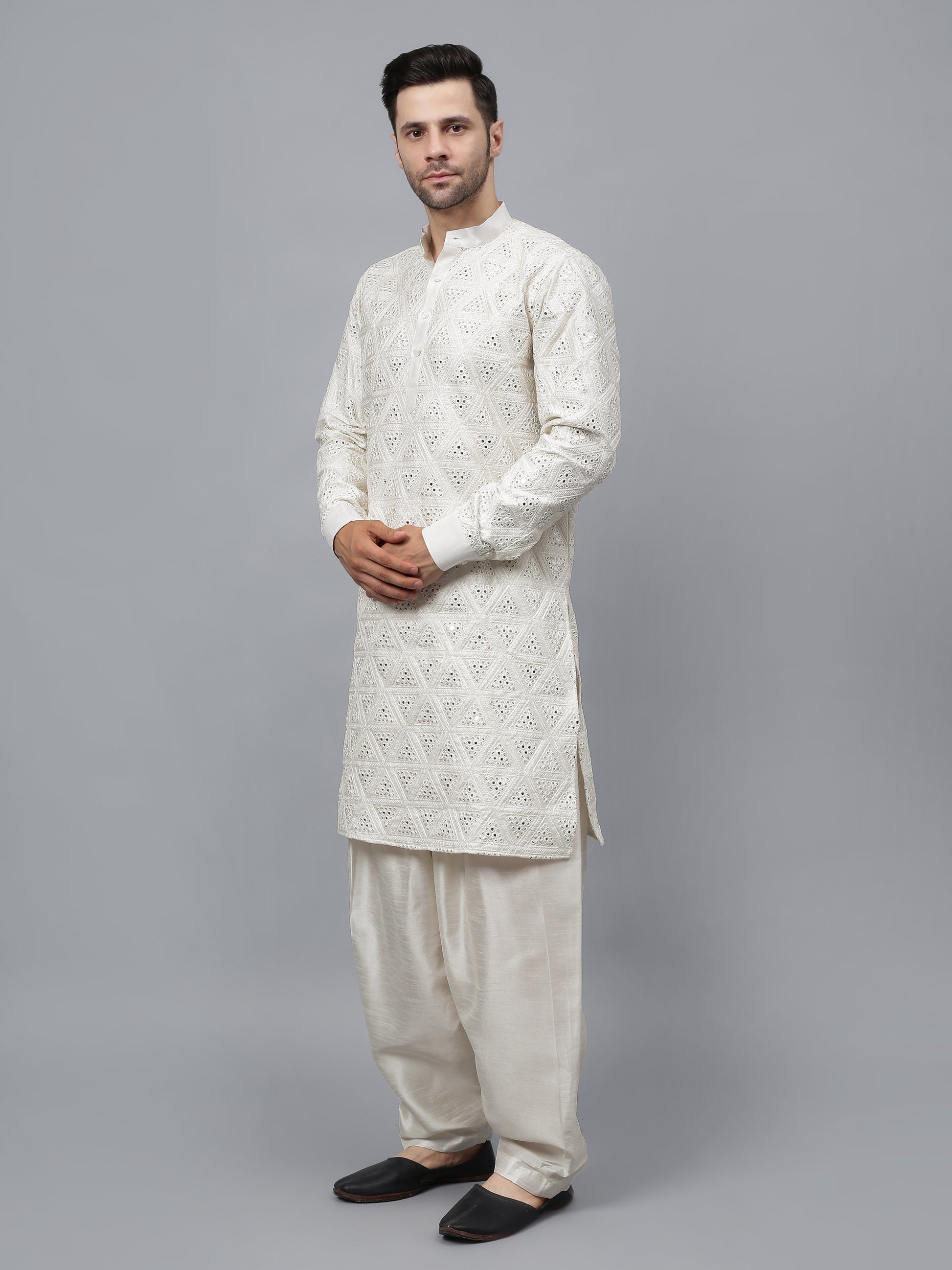 Men's off-white cotton blend geometric sequence design kurta with matching salwar, traditional Indian ethnic wear with intricate threadwork for festivals and weddings