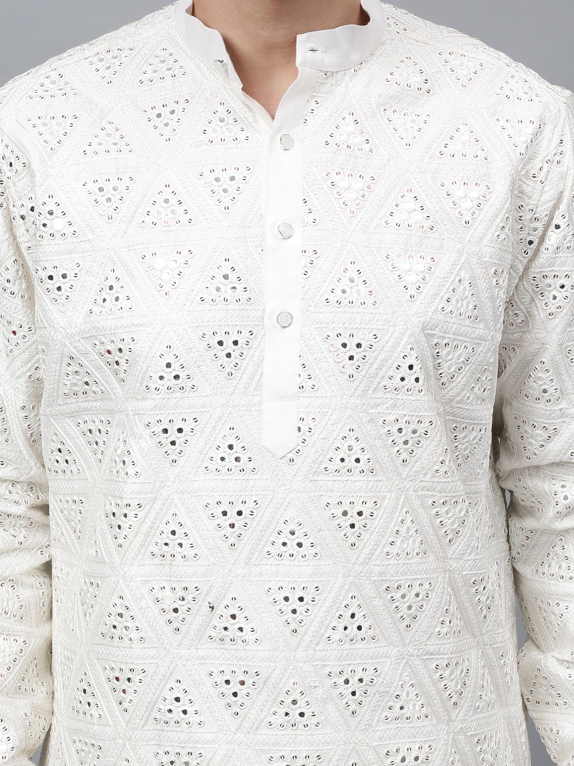 Men's off-white cotton blend geometric sequence design kurta with matching salwar, traditional Indian ethnic wear with intricate threadwork for festivals and weddings