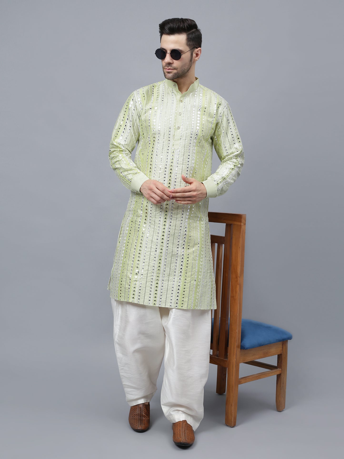 Men's light green kurta with captivating sequined geometric design and mandarin collar paired with off-white salwar pants-ideal for special occasions, festivals and weddings