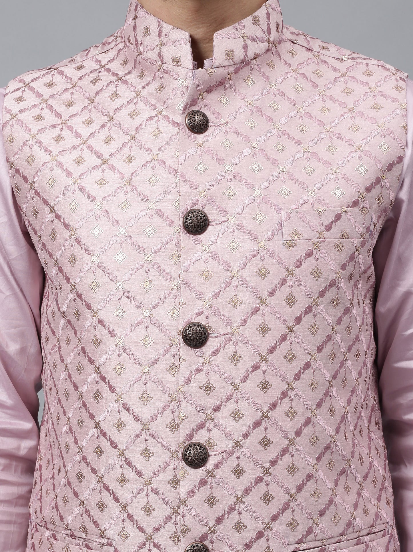 Men's pink embroidered Nehru jacket with quilted diamond pattern and mandarin collar for Indian ethnic wear