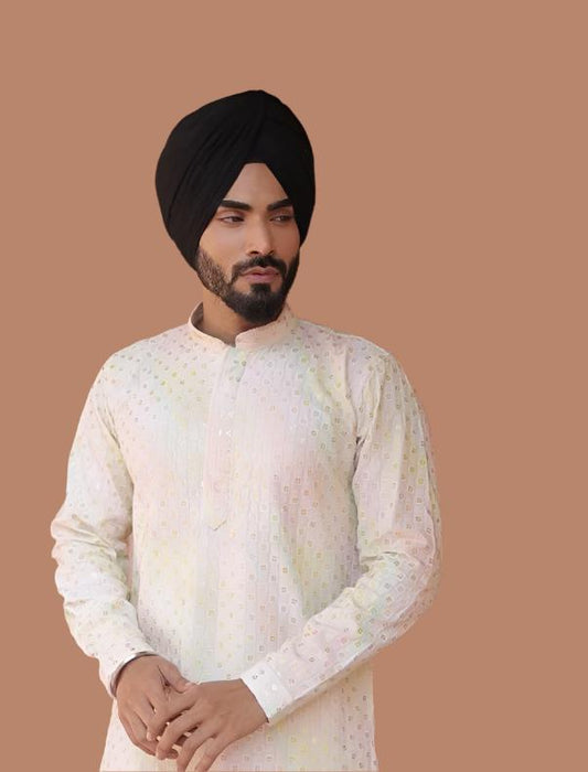 Multi-color kurta sequin design The AkshraMen's white cotton kurta with multi-color sequin embroidery, mandarin collar traditional Indian ethnic wear for weddings and festivals