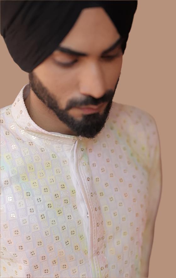 Men's white cotton kurta with multi-color sequin embroidery, mandarin collar traditional Indian ethnic wear for weddings and festivals