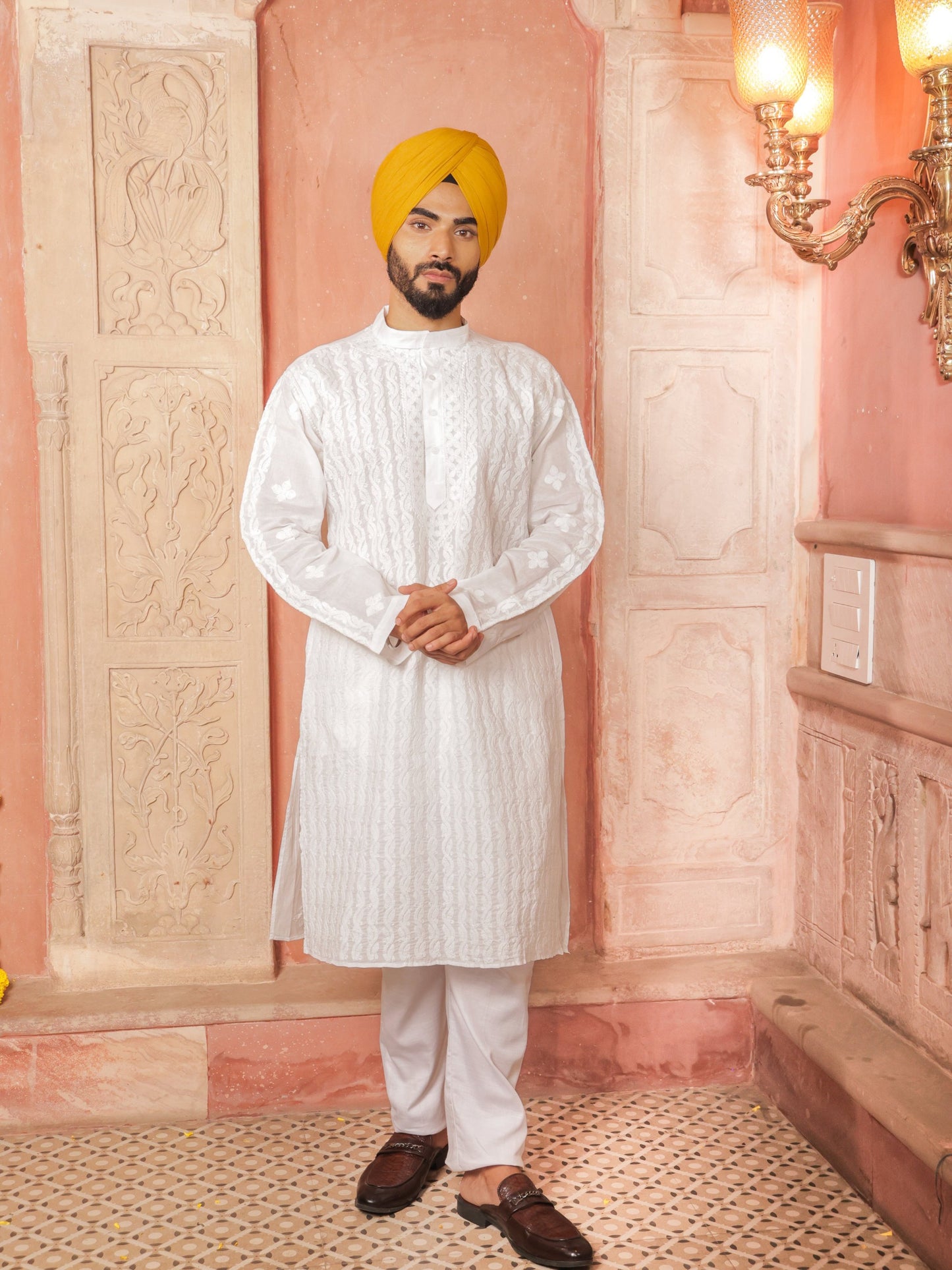 White chikankari kurta for men - hand embroidered lucknowi ethnic wear with traditional Indian threadwork for weddings and festivals