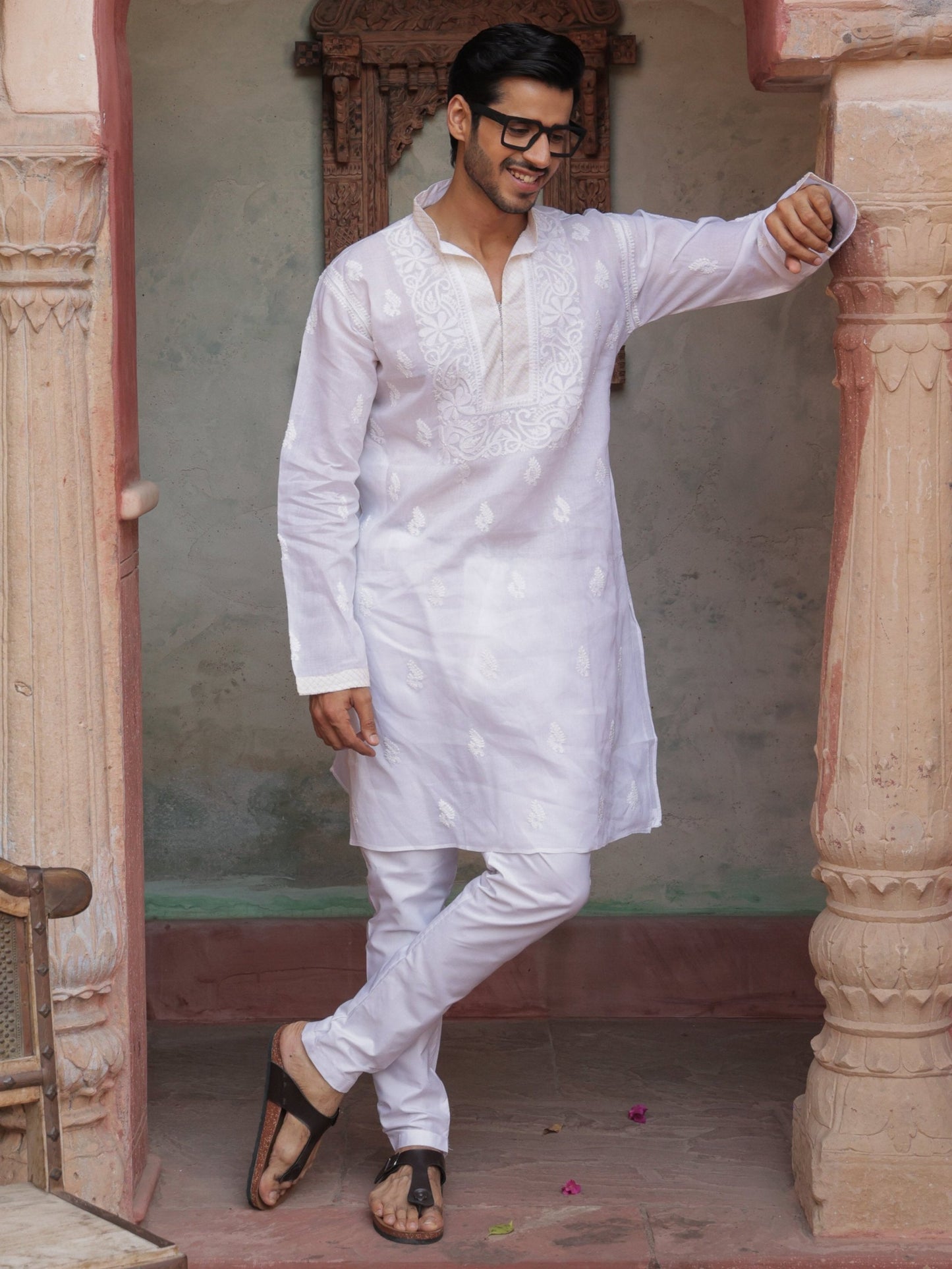 Men's white cotton chikankari kurta with traditional lucknowi embroidery - Indian ethnic wear for weddings and festivals