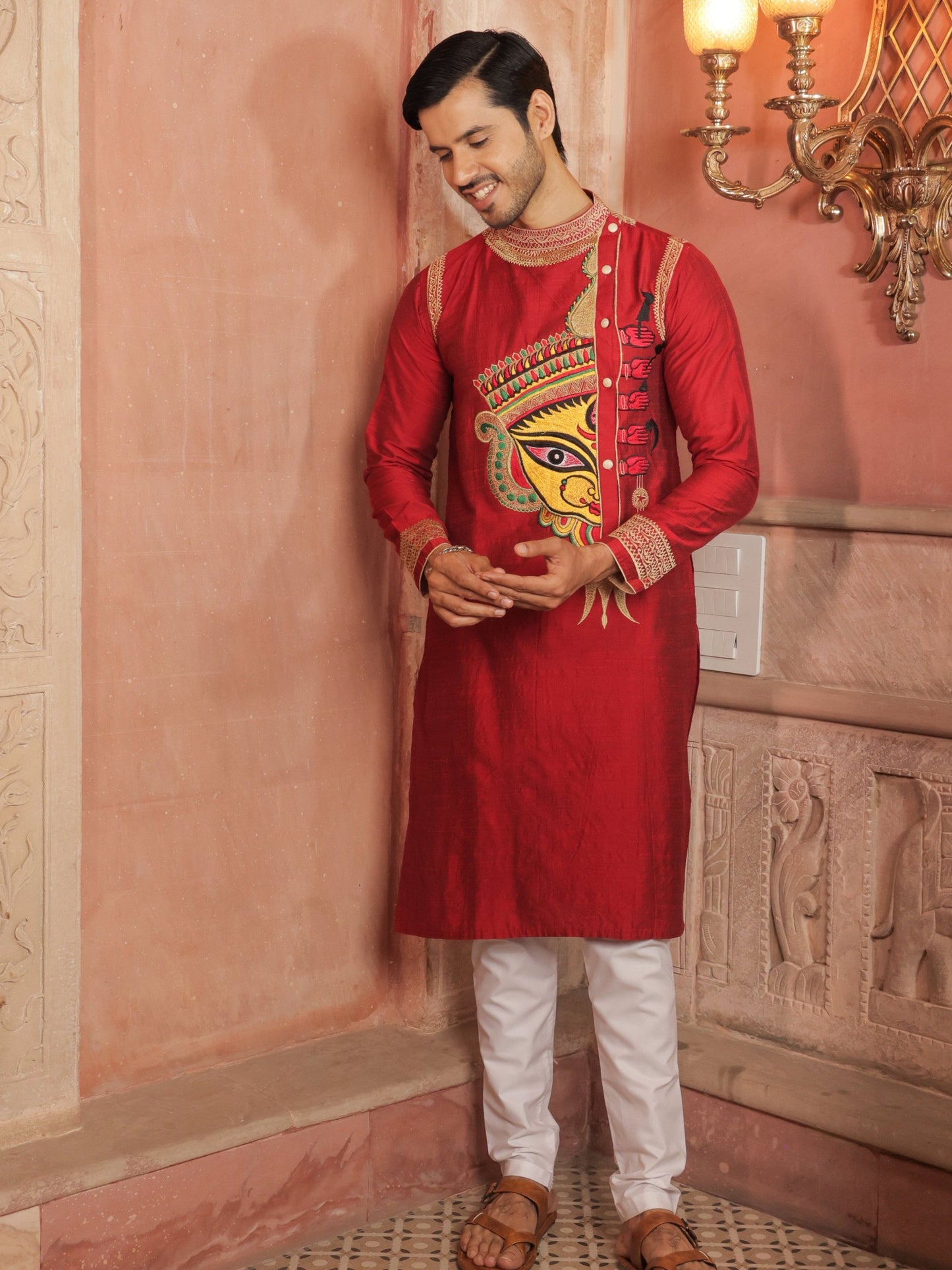 Red Durga embroidery kurta pajama set for men - traditional Indian ethnic wear with golden threadwork for Navratri and Durga Puja festivals