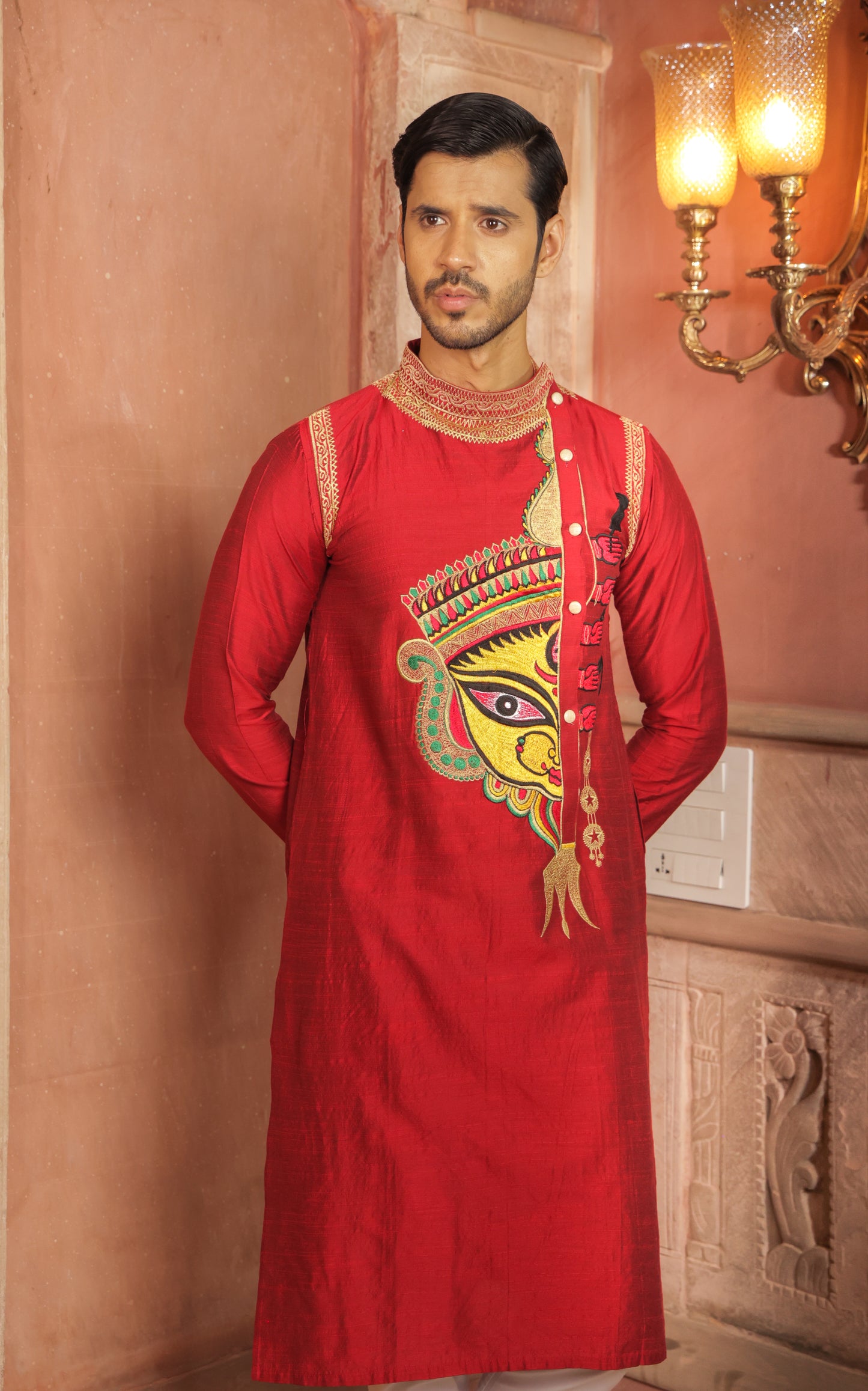 Red Durga embroidery kurta pajama set for men - traditional Indian ethnic wear with golden threadwork for Navratri and Durga Puja festivals