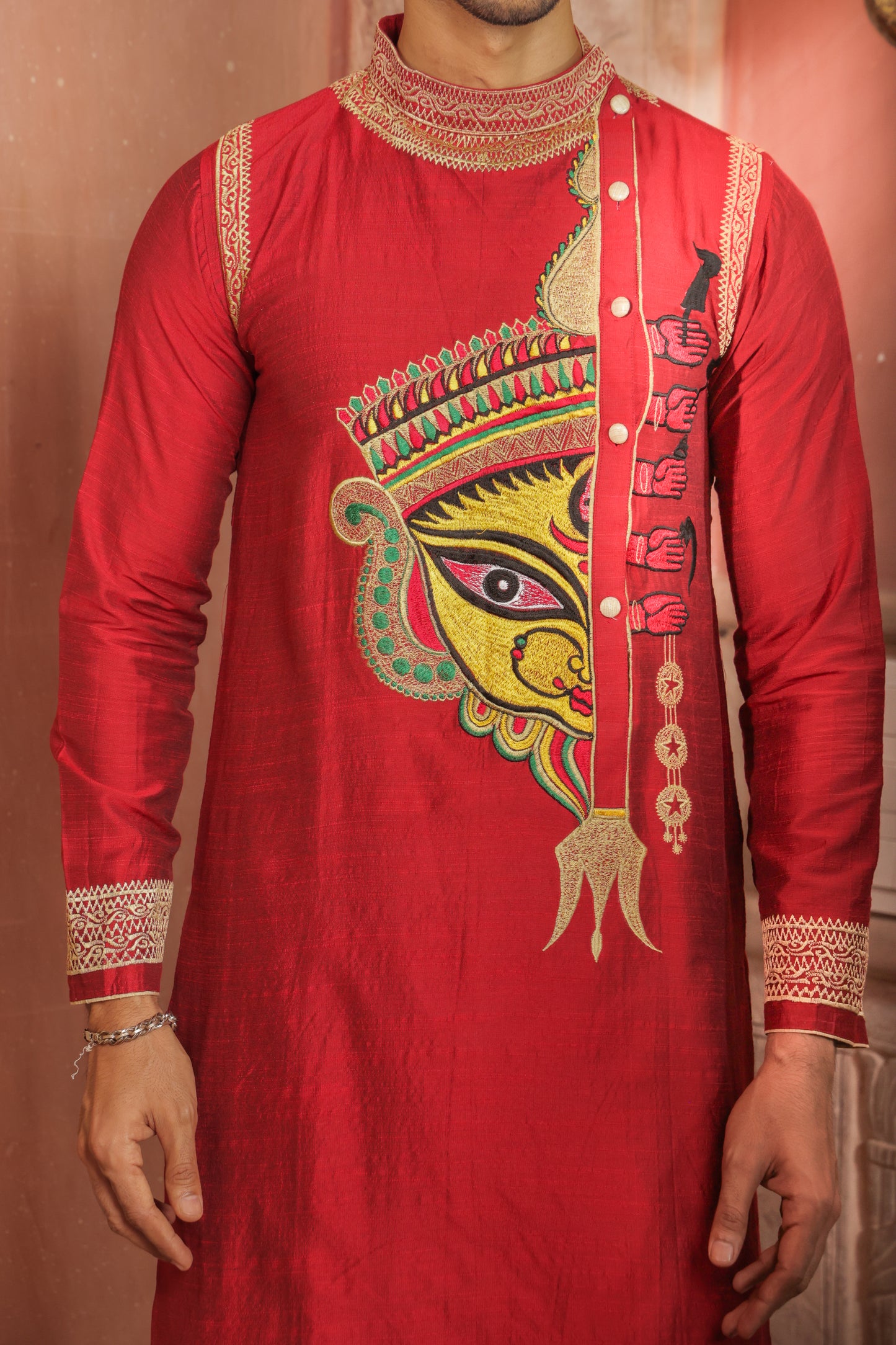 Red Durga embroidery kurta pajama set for men - traditional Indian ethnic wear with golden threadwork for Navratri and Durga Puja festivals