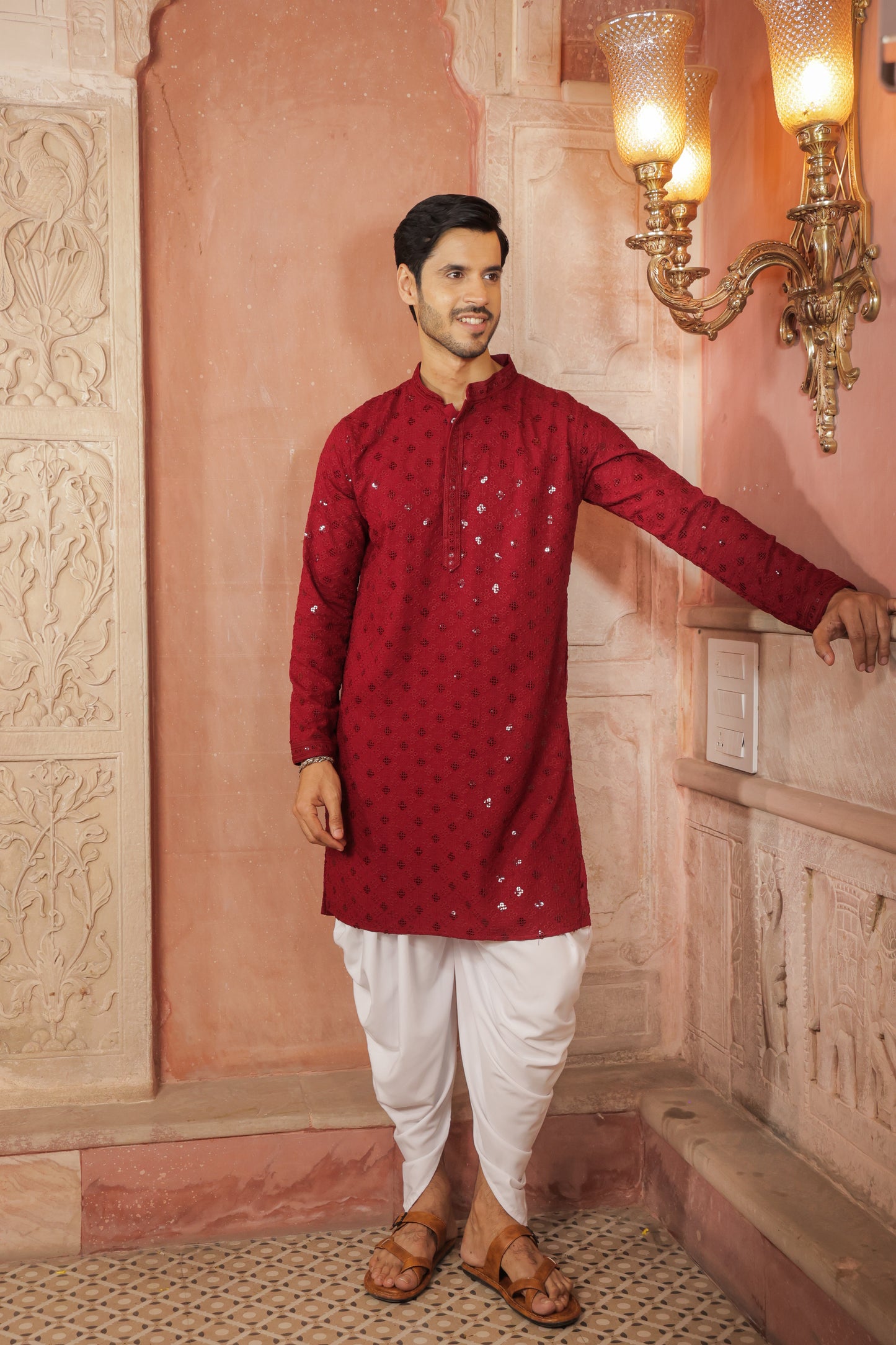 Men maroon or dark red color Kurta with sequin, full length, button closure, one fourth placket, full sleeves, mandarin collar, side pockets, traditional ethnic wear for festivals, family occasions, wedding, house warming, casual wear
