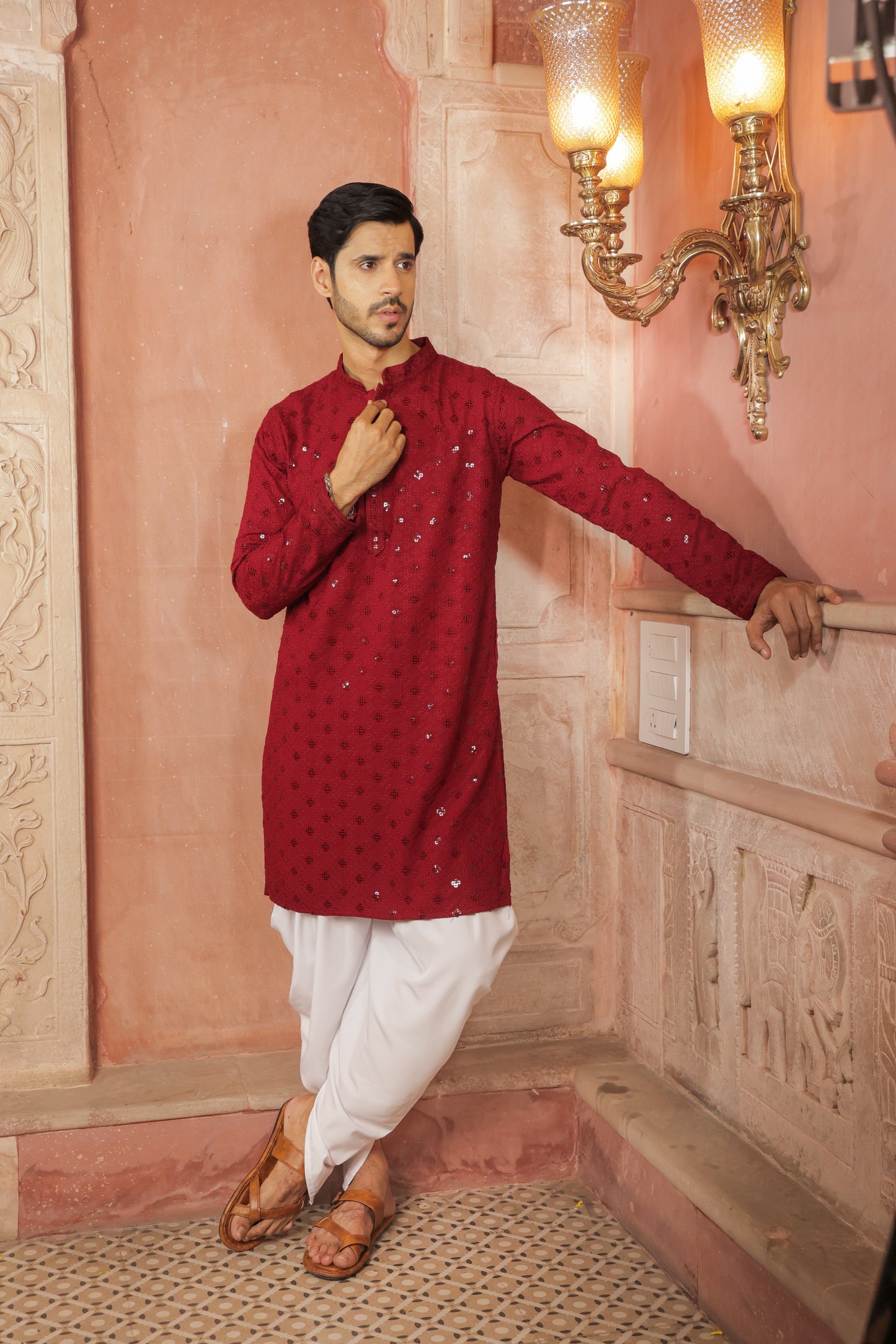 Men maroon or dark red color Kurta with sequin, full length, button closure, one fourth placket, full sleeves, mandarin collar, side pockets, traditional ethnic wear for festivals, family occasions, wedding, house warming, casual wear