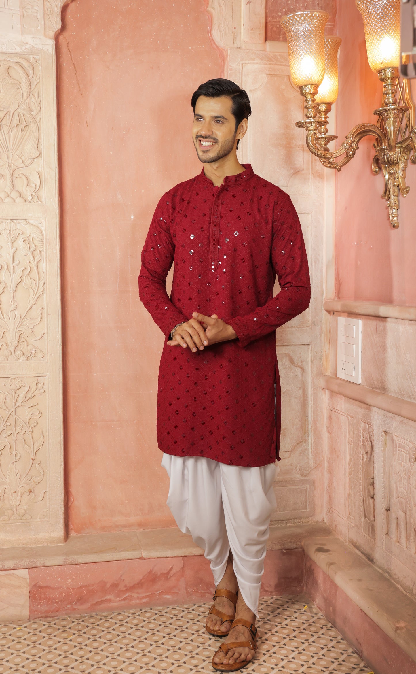 Men maroon or dark red color Kurta with sequin, full length, button closure, one fourth placket, full sleeves, mandarin collar, side pockets, traditional ethnic wear for festivals, family occasions, wedding, house warming, casual wear