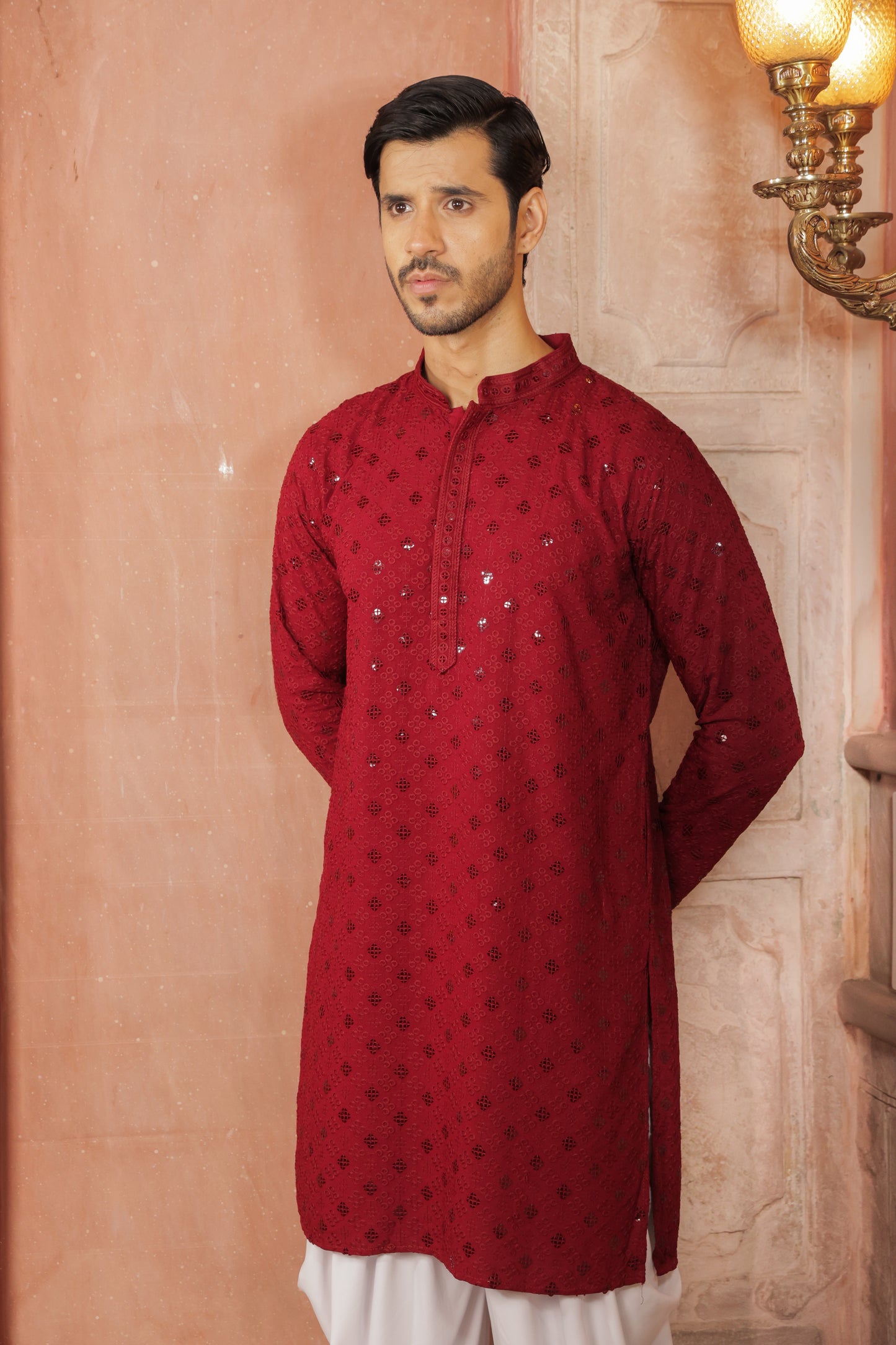 Men maroon or dark red color Kurta with sequin, full length, button closure, one fourth placket, full sleeves, mandarin collar, side pockets, traditional ethnic wear for festivals, family occasions, wedding, house warming, casual wear