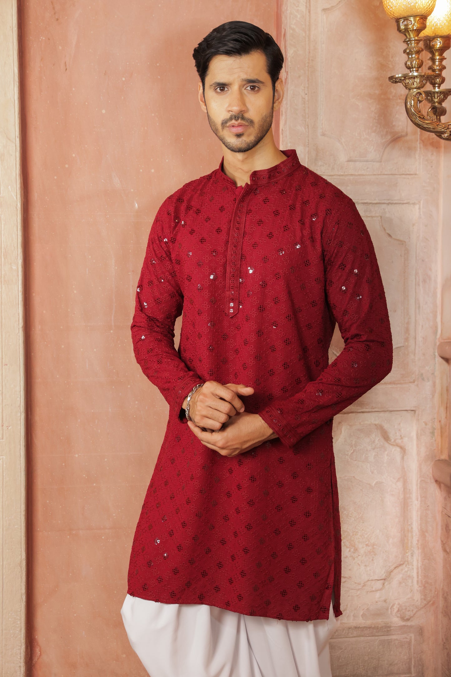Men maroon or dark red color Kurta with sequin, full length, button closure, one fourth placket, full sleeves, mandarin collar, side pockets, traditional ethnic wear for festivals, family occasions, wedding, house warming, casual wear
