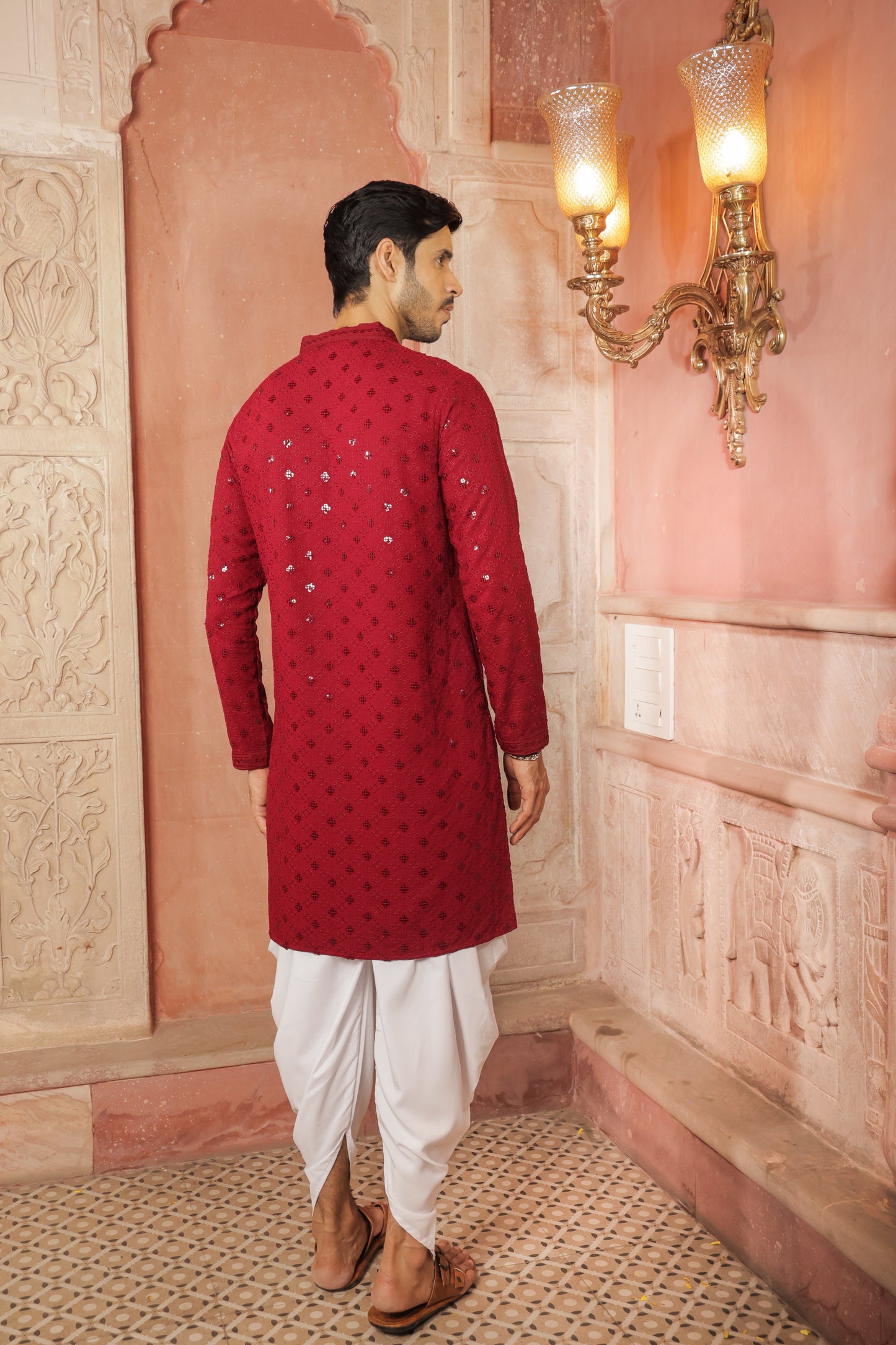 Men maroon or dark red color Kurta with sequin, full length, button closure, one fourth placket, full sleeves, mandarin collar, side pockets, traditional ethnic wear for festivals, family occasions, wedding, house warming, casual wear