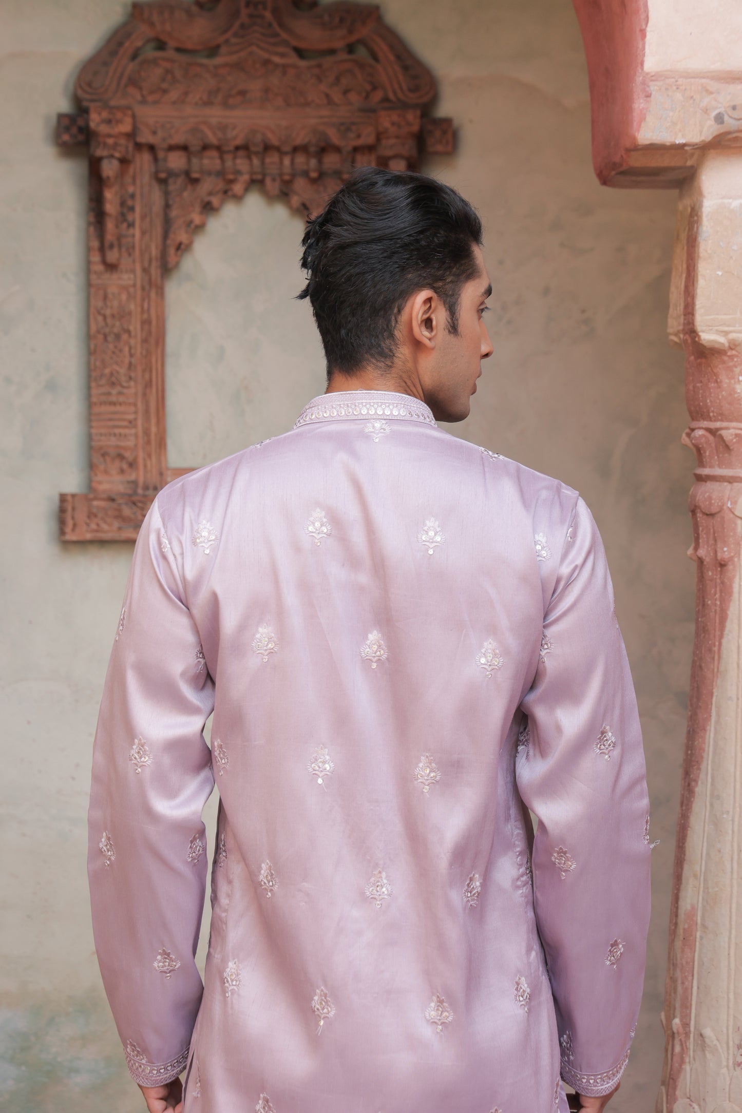 Men's mauve cotton silk blend kurta with delicate light embroidery and matching pajama, traditional Indian ethnic wear for weddings and festivals