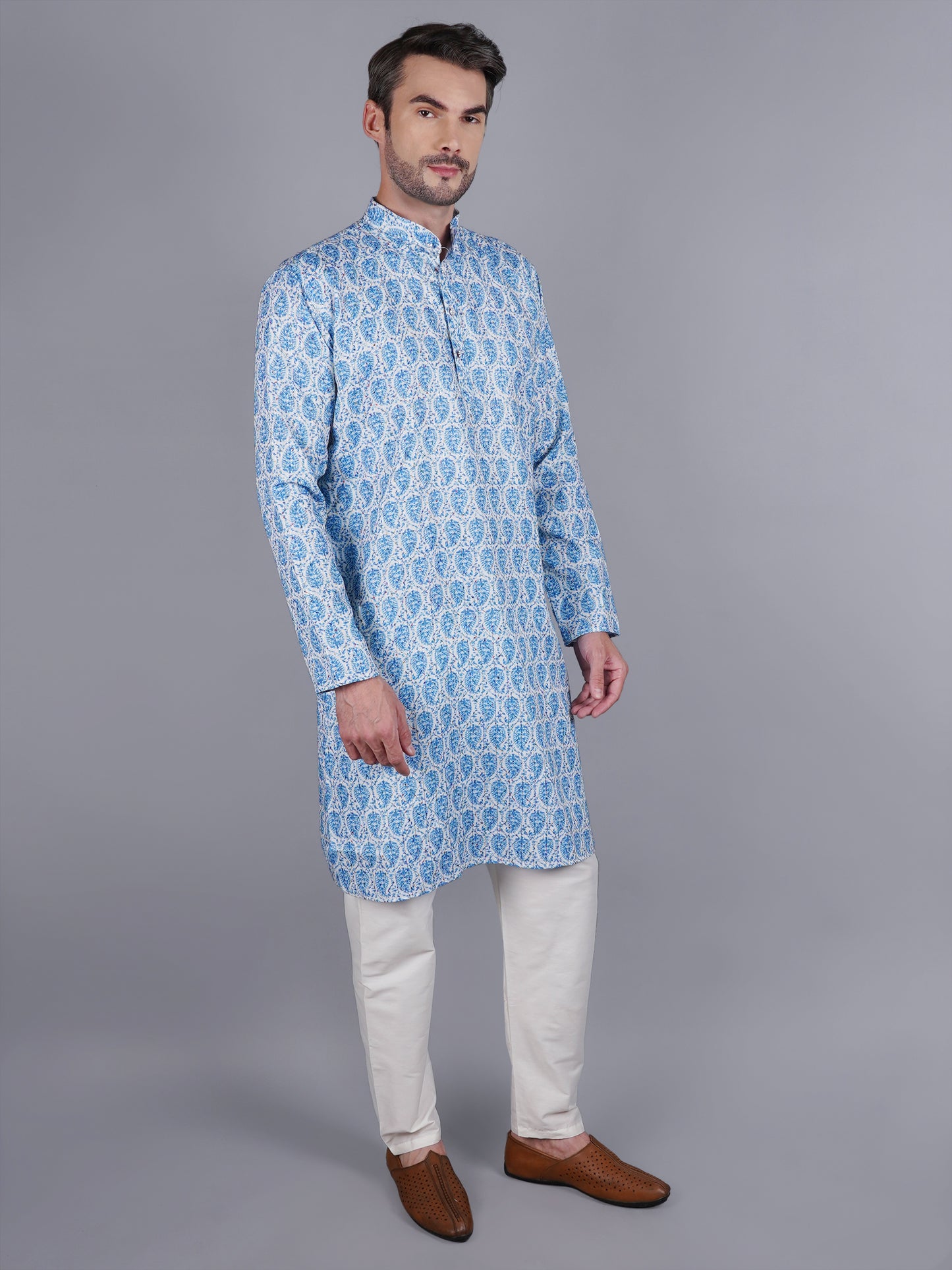 Men Blue printed traditional cotton Kurta, full length, button closure, one fourth placket, full sleeves, mandarin collar, side pockets, traditional wear for family occasions, house warming, casual wear