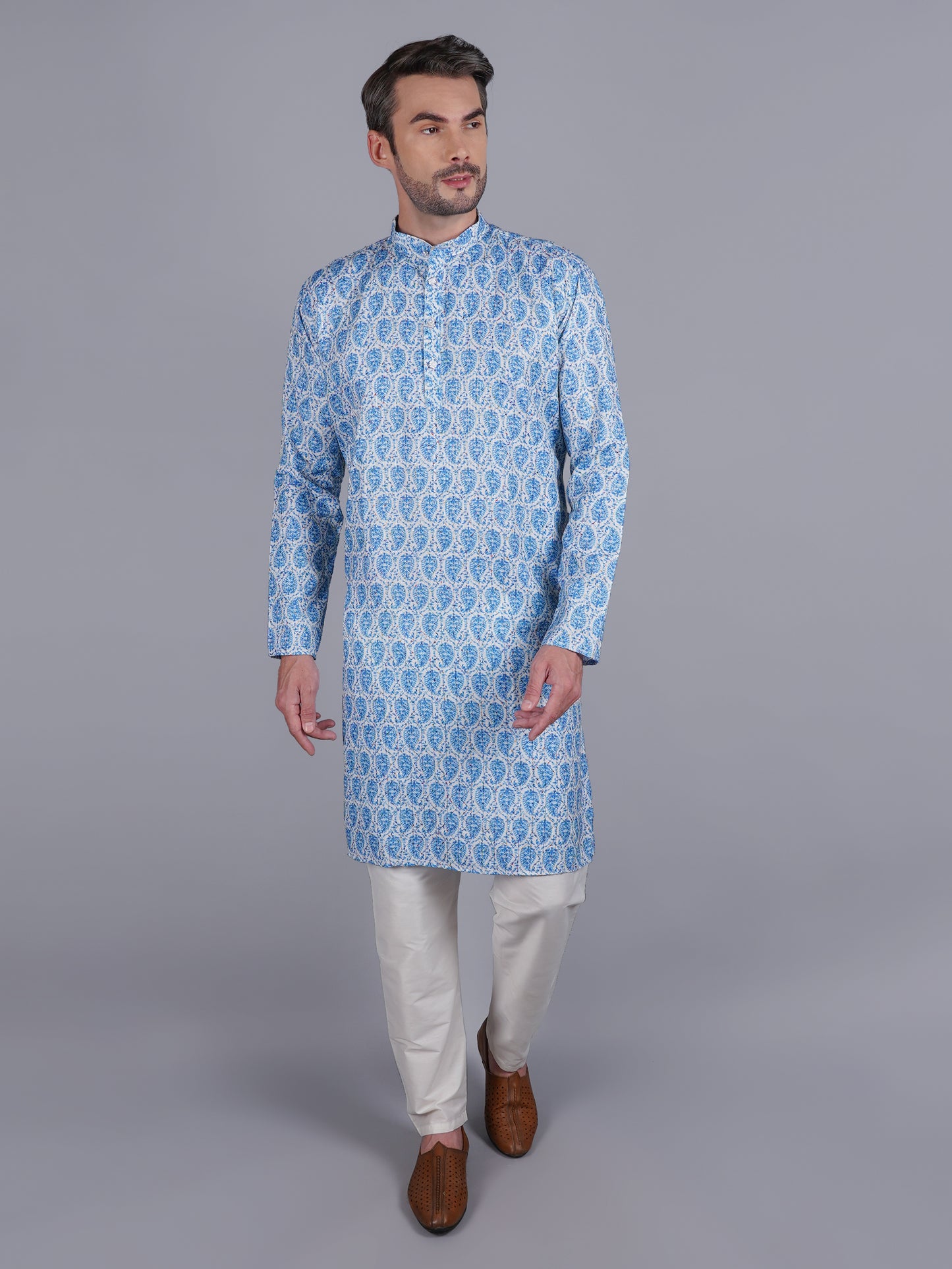 Men Blue printed traditional cotton Kurta, full length, button closure, one fourth placket, full sleeves, mandarin collar, side pockets, traditional wear for family occasions, house warming, casual wear