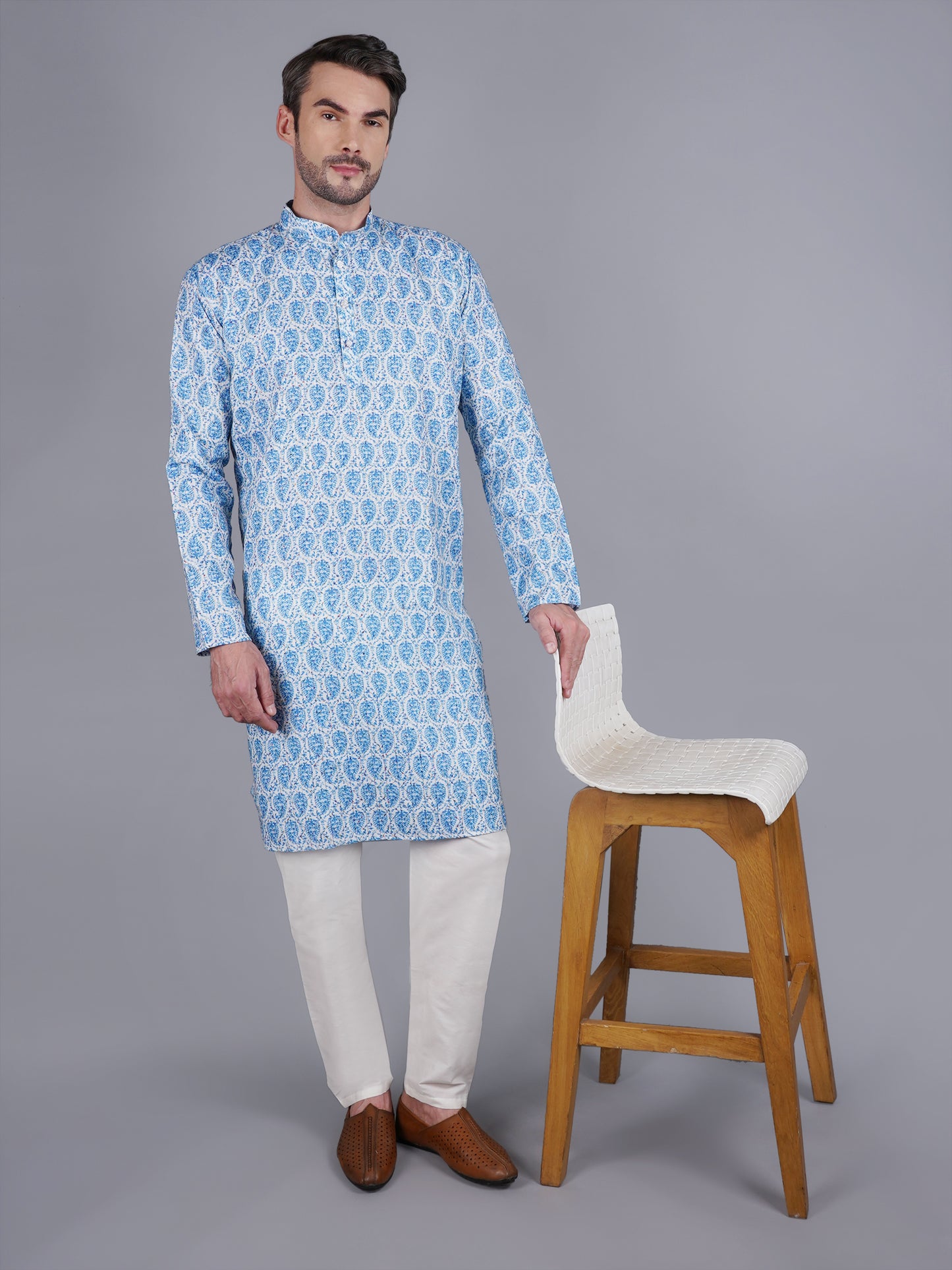 Men Blue printed traditional cotton Kurta, full length, button closure, one fourth placket, full sleeves, mandarin collar, side pockets, traditional wear for family occasions, house warming, casual wear