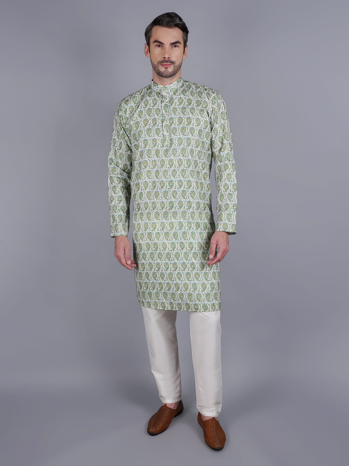 Men Green printed traditional cotton Kurta, full length, button closure, one fourth placket, full sleeves, mandarin collar, side pockets, traditional wear for family occasions, house warming, casual wear