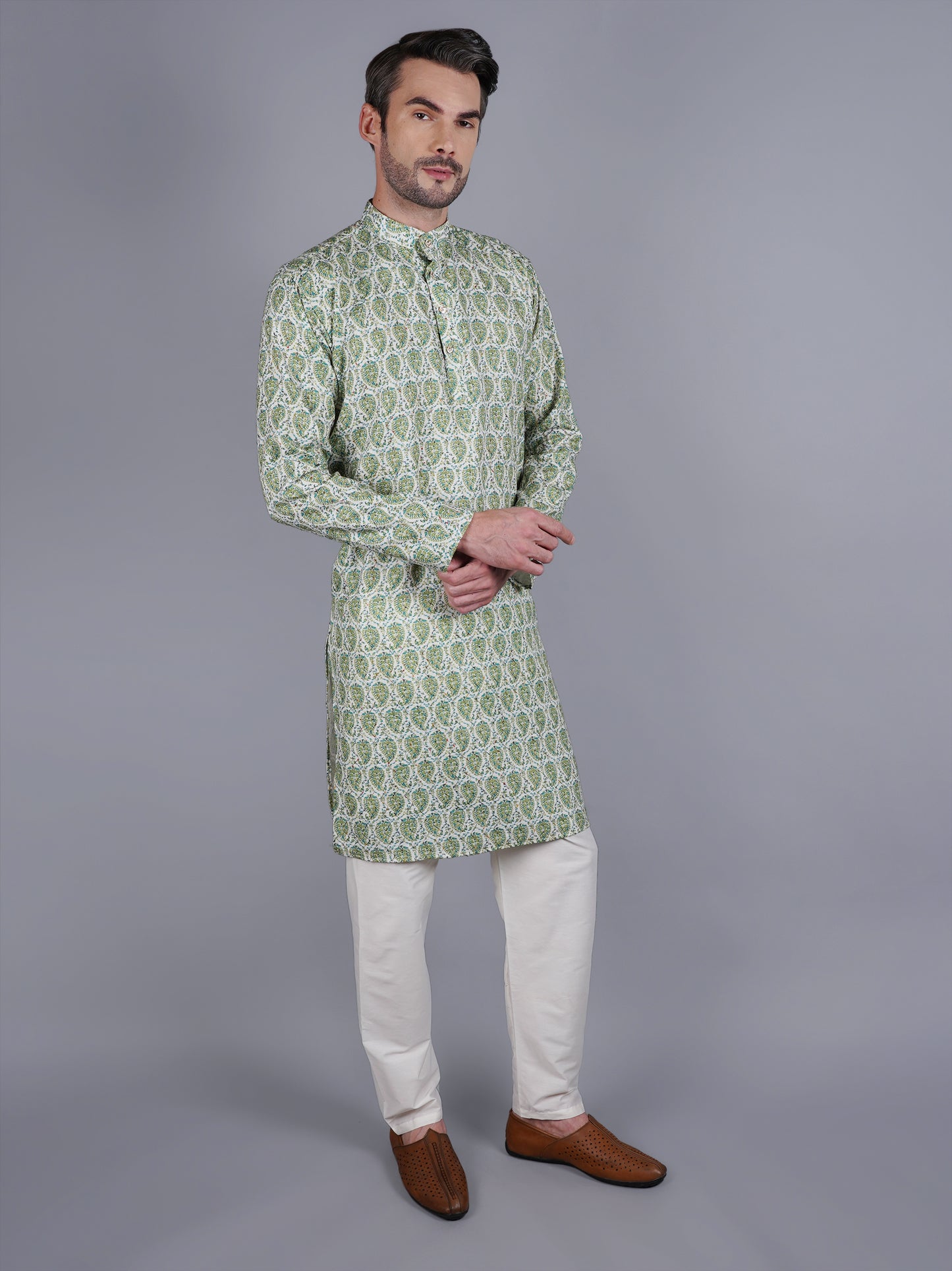 Men Green printed traditional cotton Kurta, full length, button closure, one fourth placket, full sleeves, mandarin collar, side pockets, traditional wear for family occasions, house warming, casual wear