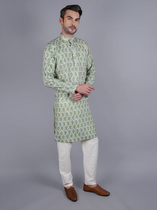 Men Green printed traditional cotton Kurta, full length, button closure, one fourth placket, full sleeves, mandarin collar, side pockets, traditional wear for family occasions, house warming, casual wear