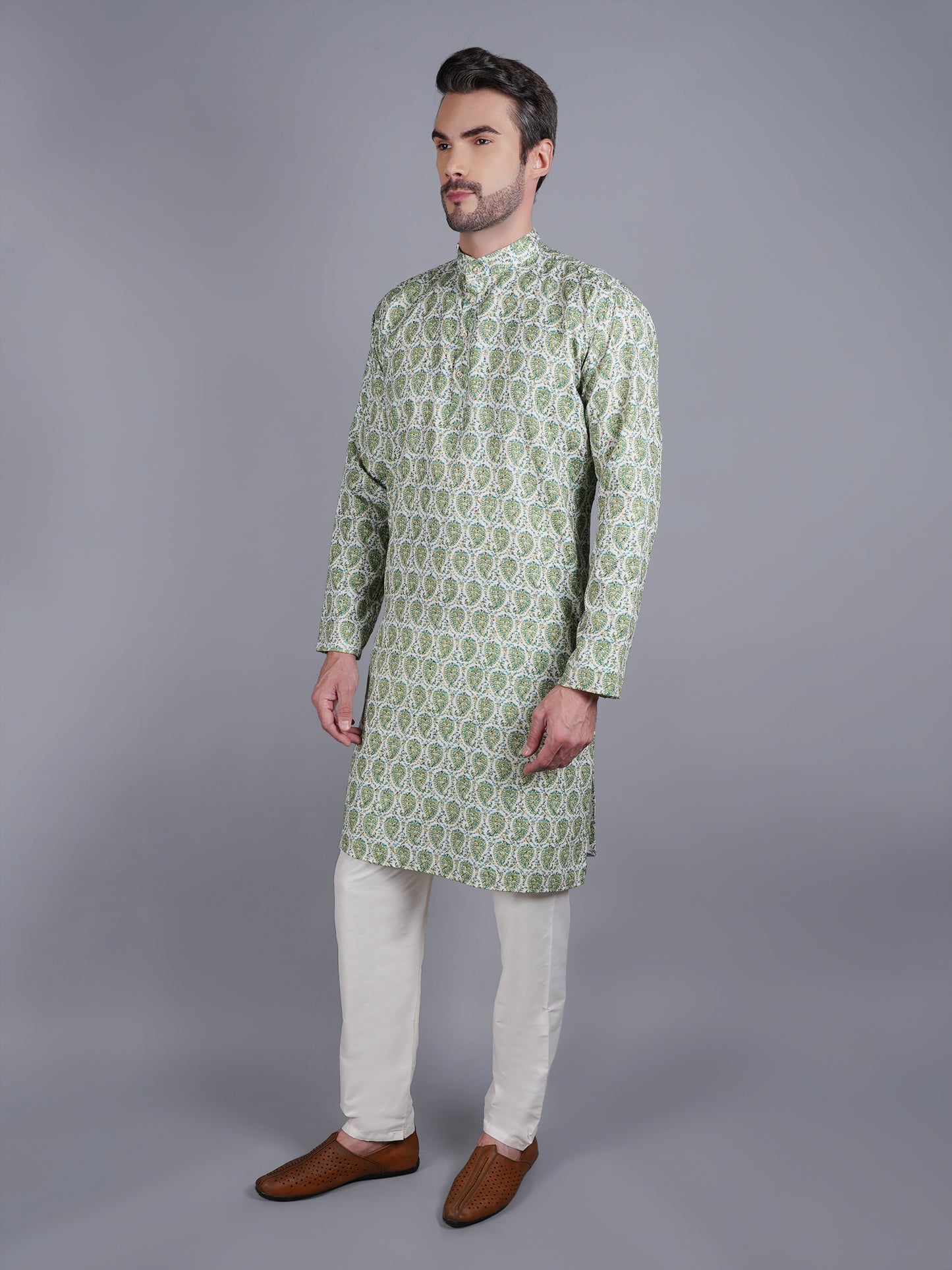 Men Green printed traditional cotton Kurta, full length, button closure, one fourth placket, full sleeves, mandarin collar, side pockets, traditional wear for family occasions, house warming, casual wear