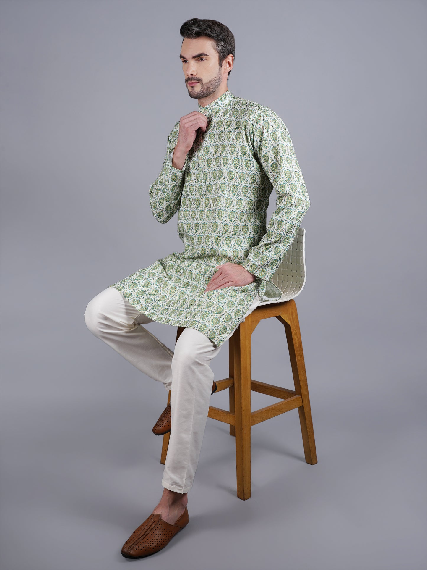 Men Green printed traditional cotton Kurta, full length, button closure, one fourth placket, full sleeves, mandarin collar, side pockets, traditional wear for family occasions, house warming, casual wear