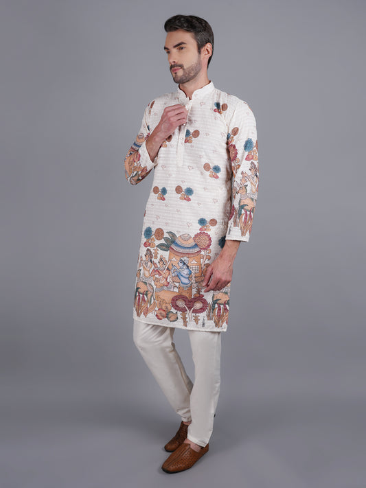 Men's creme kurta with Pichkari floral print and colorful traditional border design, mandarin collar, button closure, full length, side pockets - casual and social occasions Indian wear