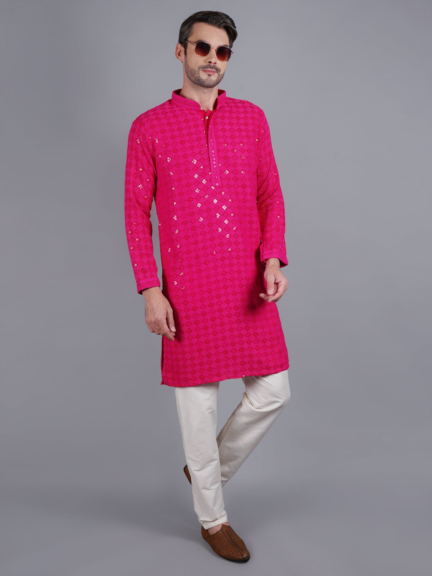 Men bold Pink chikankari Kurta with sequin, full length, button closure, one fourth placket, full sleeves, mandarin collar, side pockets, traditional wear for festivals, family occasions, wedding, house warming, casual wear