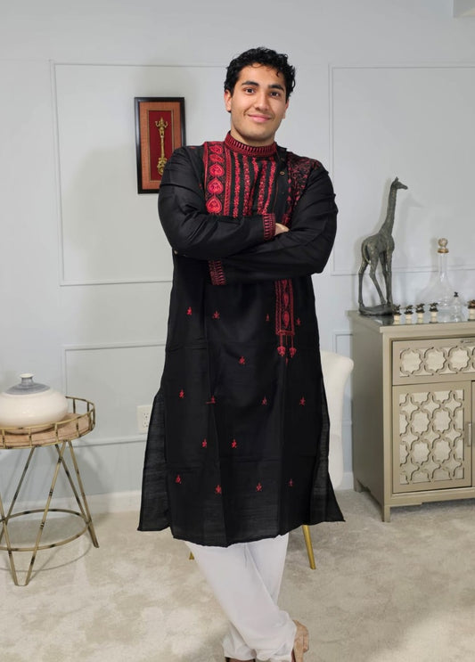 Men's black kurta with red thread embroidered mandarin collar and cuffs, side pockets, full sleeves with side closure - traditional Indian wear for social occasions and festivals